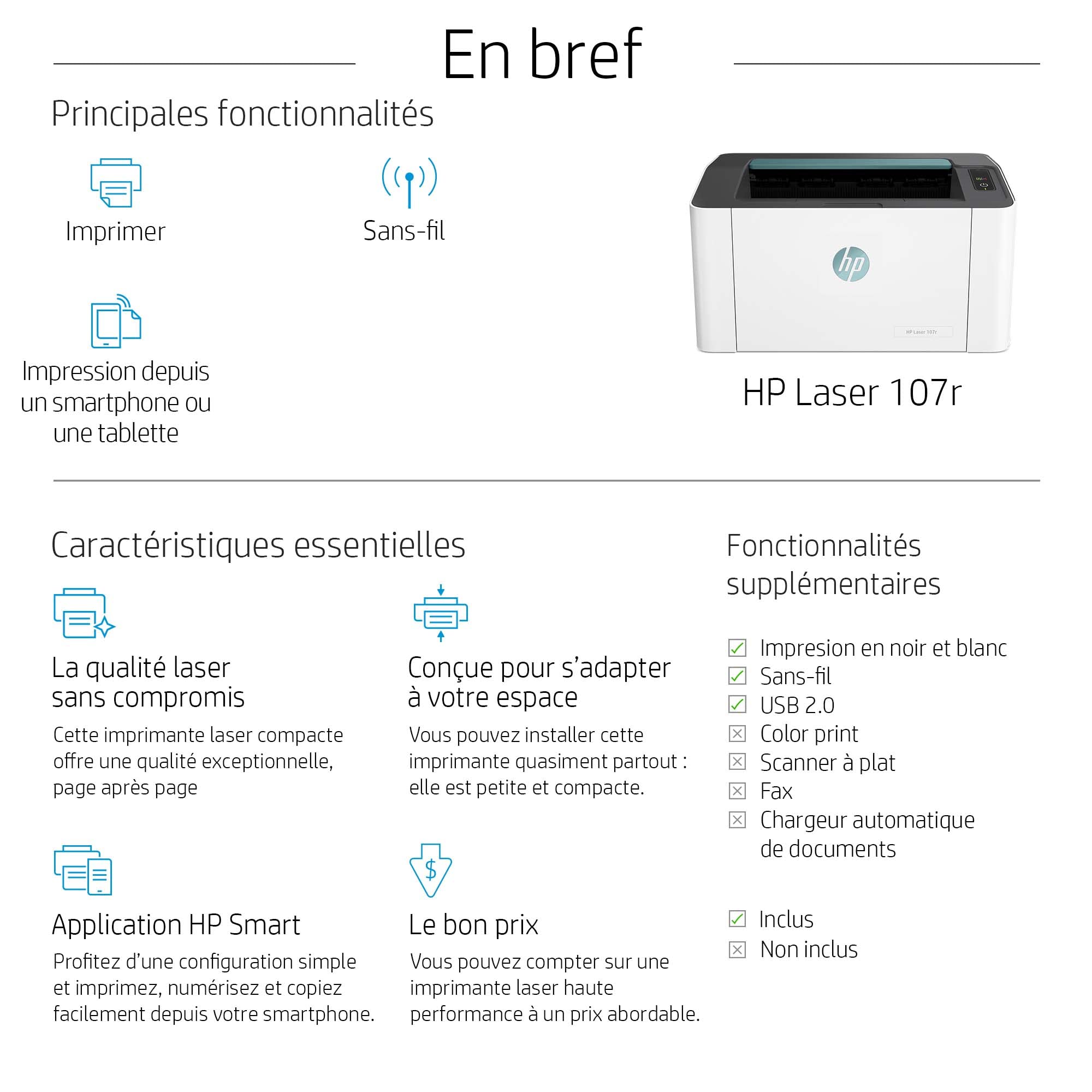 HP Laser 107r Imprimante Laser - Monochrome (Impression, A4, HP Smart)