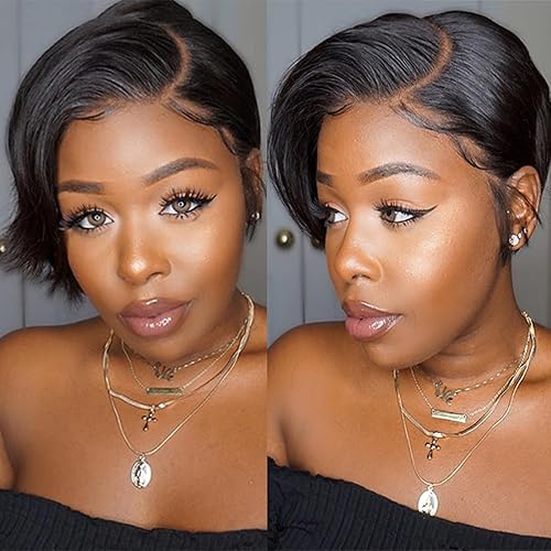 Miniatura 3 de ONICA Pelucas de cabello humano con corte Pixie para mujeres negras, peluca de 6 pulgadas lacia estilo Bob de 13 x 4 x 1 pulgadas, parte lateral,