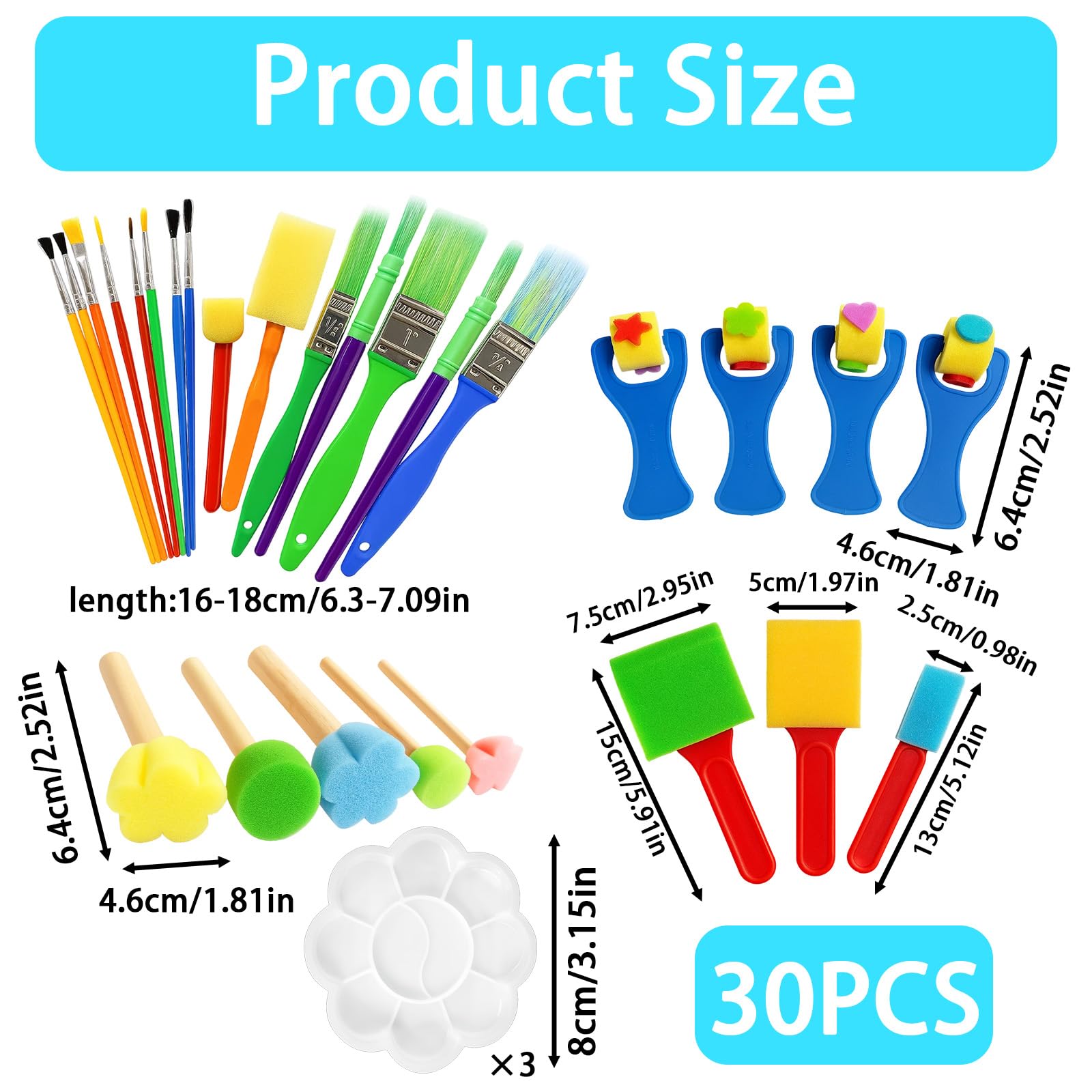 Kids Paint Brushes, 30-Piece Painting Set for Children, Includes 5 Mushroom Brushes, 15 Brush Set, 3 Flat Brushes, 4 Sponge Rollers, 8cm Plum Blossom Palette, Ideal for Art Projects and Early Learning - Image 2