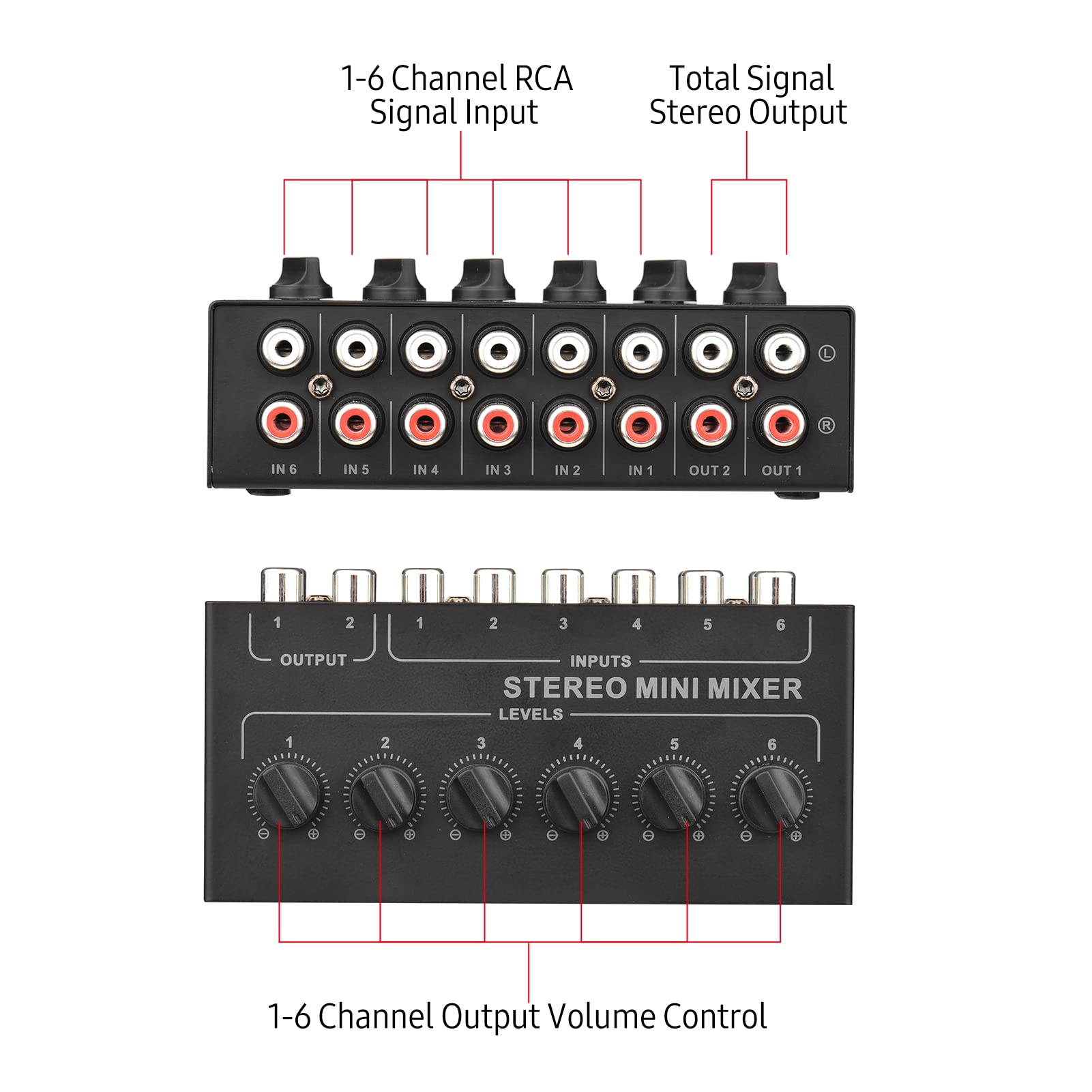Mini mezclador pasivo estéreo de 6 canales,mezclador de Audio portátil RCA,distribuidor estéreo de 6 entradas y 2 salidas,Control de volumen,no requiere batería,Mini mezclador estéreo