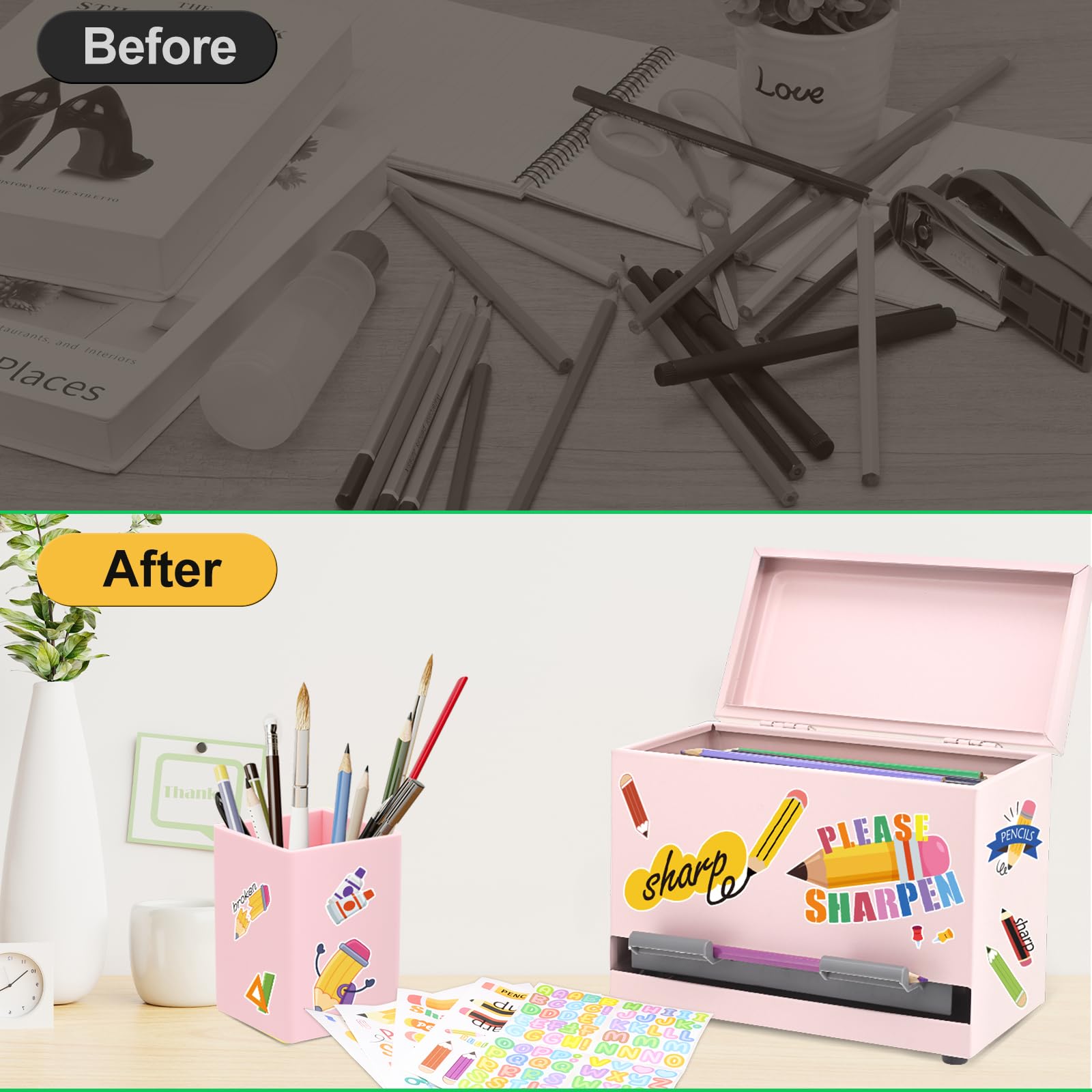 SYMDROMIA Stiftespender für Klassenzimmer, Edelstahl, Stifthalter für den Schreibtisch, Bleistiftspender-Set mit Silikon-Organizer und 5 Aufklebern, Schulanfang, Klassenzimmer, Muss für Lehrer, Rosa