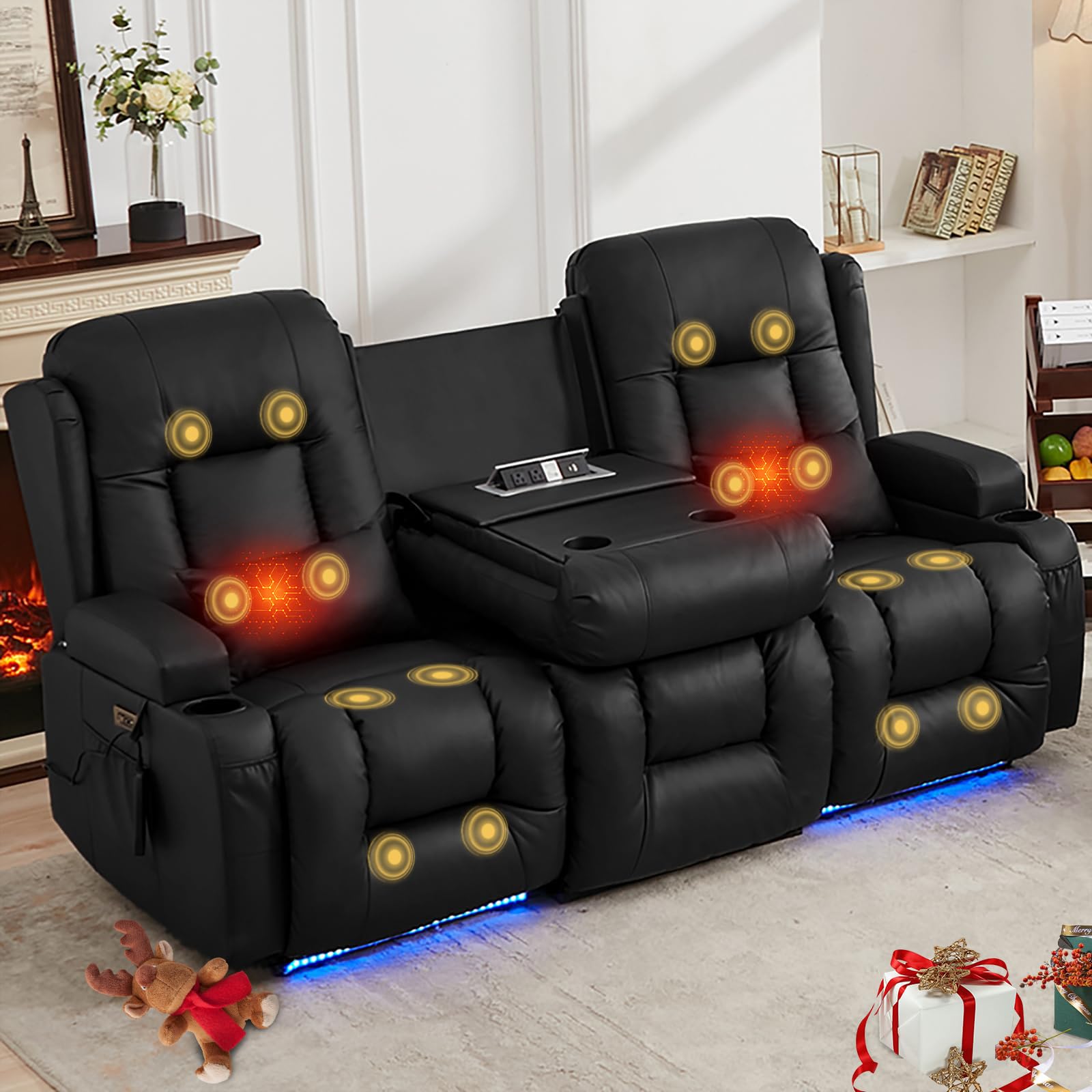 IPKIG Power Loveseat Recliner Sofa, Flip Middle Backrest Design Home Theater Seating, PU Leather Reclining Sofa with 4 Colors LED Lights, AC Outlets,