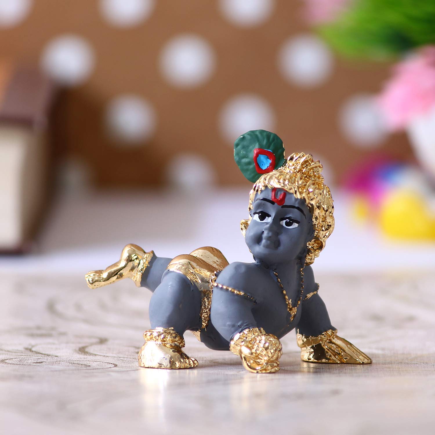 eCraftIndia Gold Plated Laddu Gopal/Lord Krishna Decorative Showpiece for Home/Temple/Office/Car Dashboard