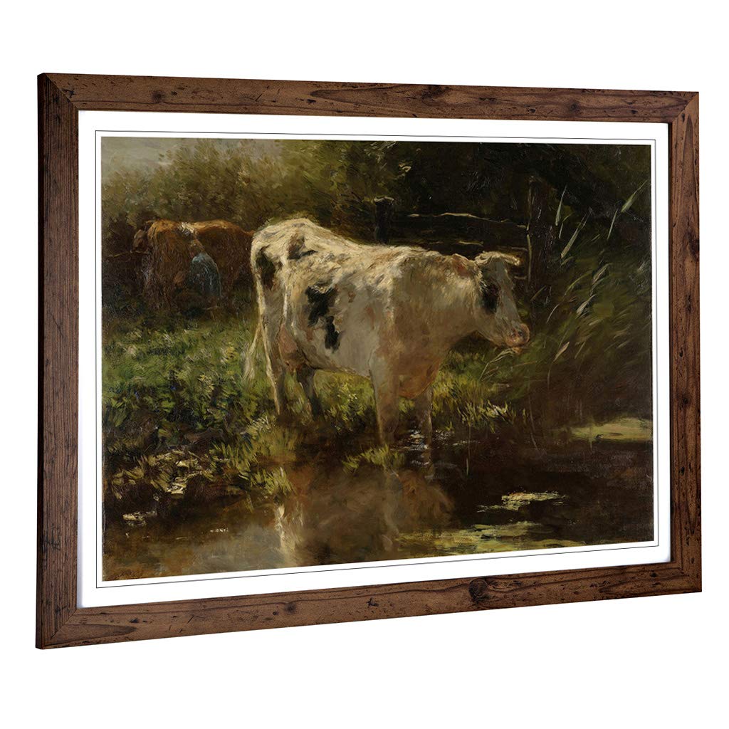 Big Box Art Framed Print of Willem Maris Cow by Water Design | Wall Art Picture | Home Decor for Kitchen, Living, Dining Room, Bedroom, Hallway, Office, Walnut, A2 / 24.5x18 Inch / 62x45cm