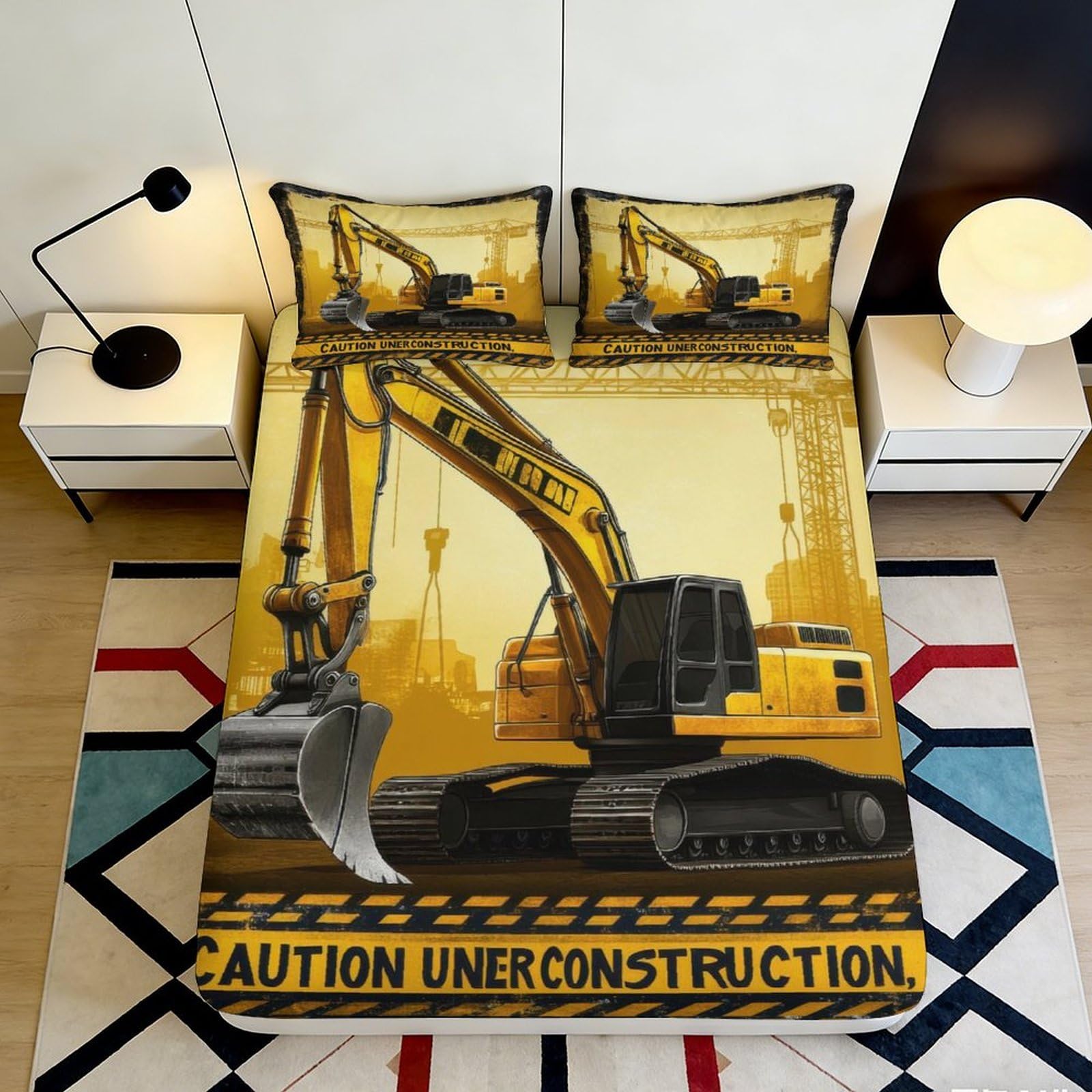 3D Printed Construction Excavator Fitted Sheet Microfiber Non Slip Industrial Machinery Bed Cover for Bedroom Dorm Easy Care 120x200x25cm