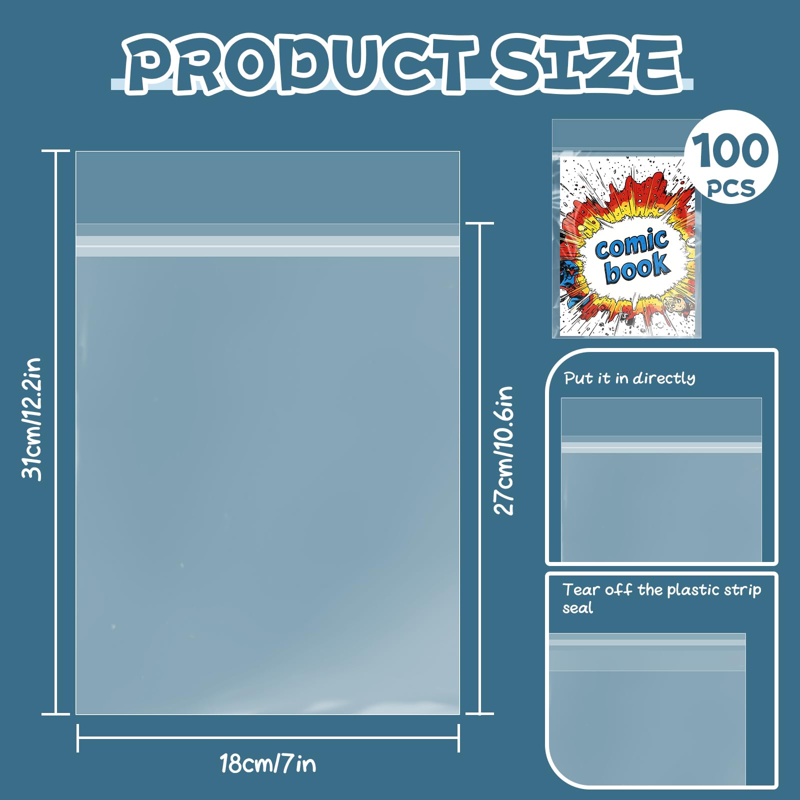 100 Pack Resealable Current Size Comic Book Bags, Crystal Clear Self Sealing Comic Sleeves Storage Protection for Regular Comics Magazine Storage, 7.2 X 10.6 Inches