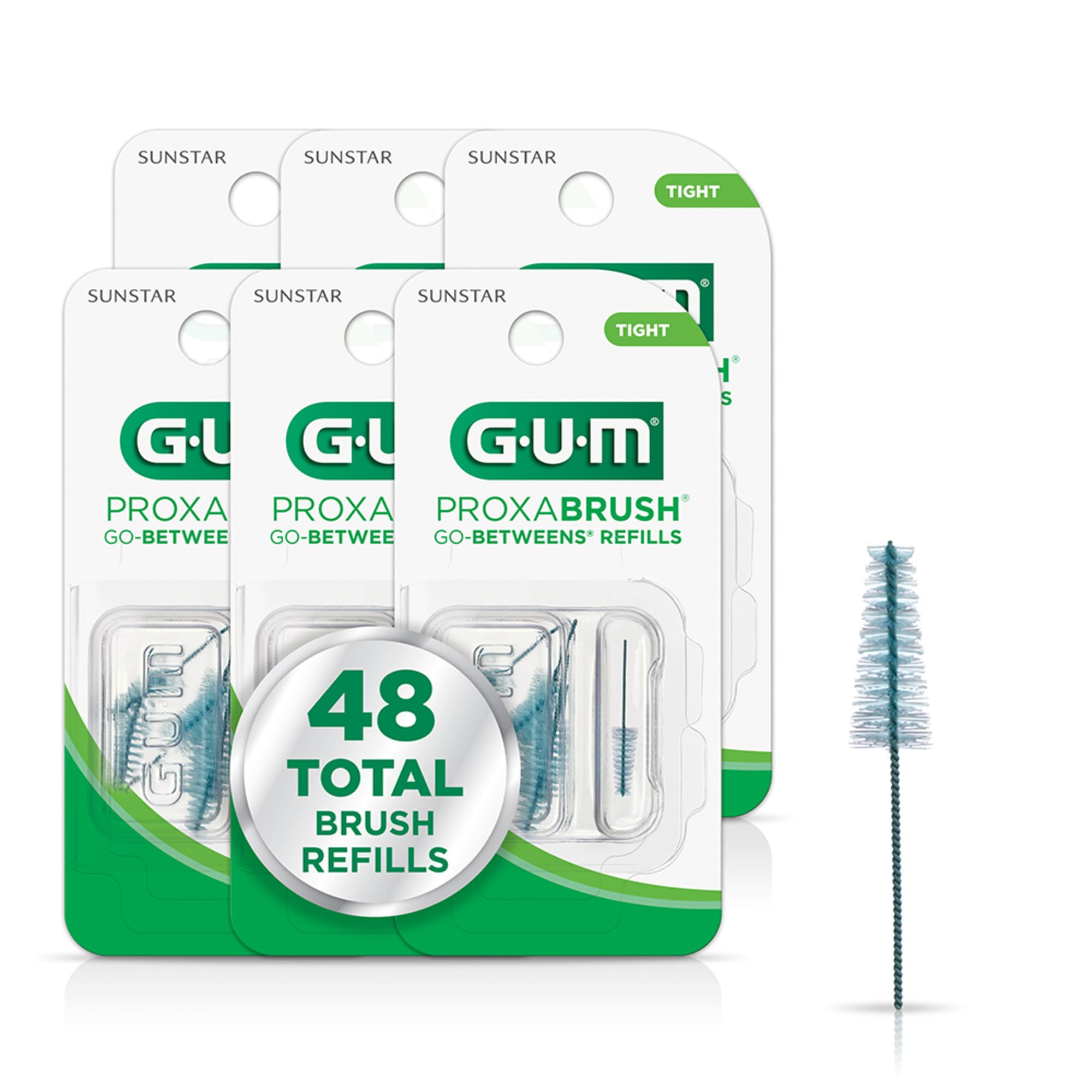 GUM Proxabrush Go-Betweens Tight Refills, 8 Count (6 Pack) | Fits GUM permanent & dual-ended handles, Soft bristle-nylon-coated wire, Safe for braces & implants, 10 days of use per brush