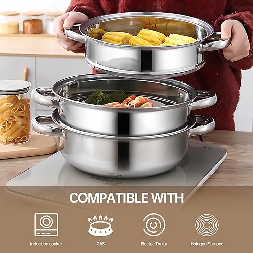 Miniatura 5 de Olla de vapor de acero inoxidable de 3 niveles con tapa, ollas de vapor multiusos para cocinar, juego de vapor de verduras y albóndigas con asas
