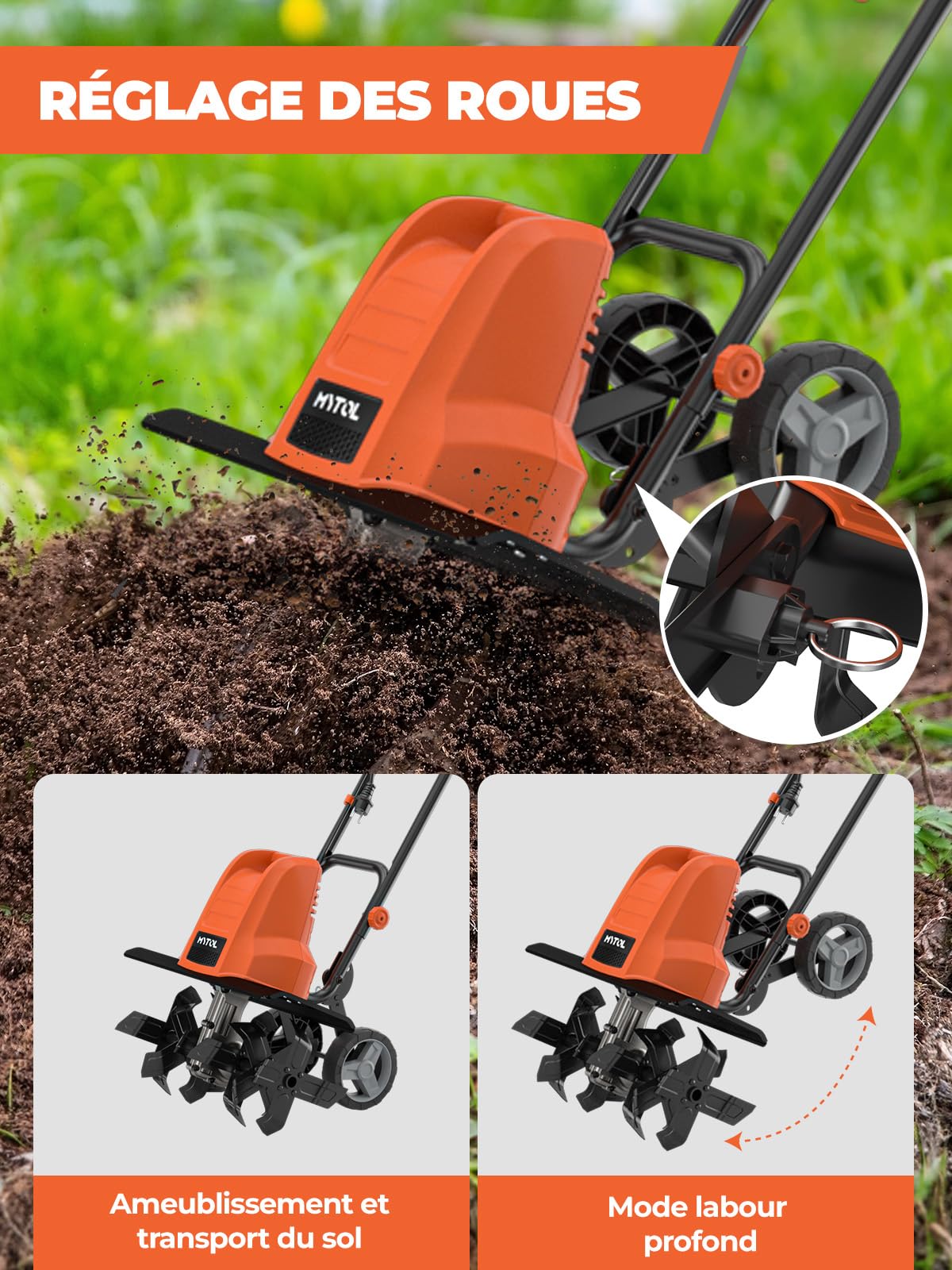 MYTOL Motobineuse Électrique 1500W, Largeur de Travail 45cm, Profondeur 22cm, Bêche Légère avec 6×4 Dents en Acier Robuste, Poignée Pliable, Double Bouton de Sécurité, Protection contre la Surchauffe