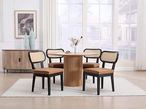 Miniatura 7 de Juego de 2 sillas de comedor de ratán de granja, sillas modernas de madera para cocina y comedor con respaldo de caña, cómodo asiento tapizado de