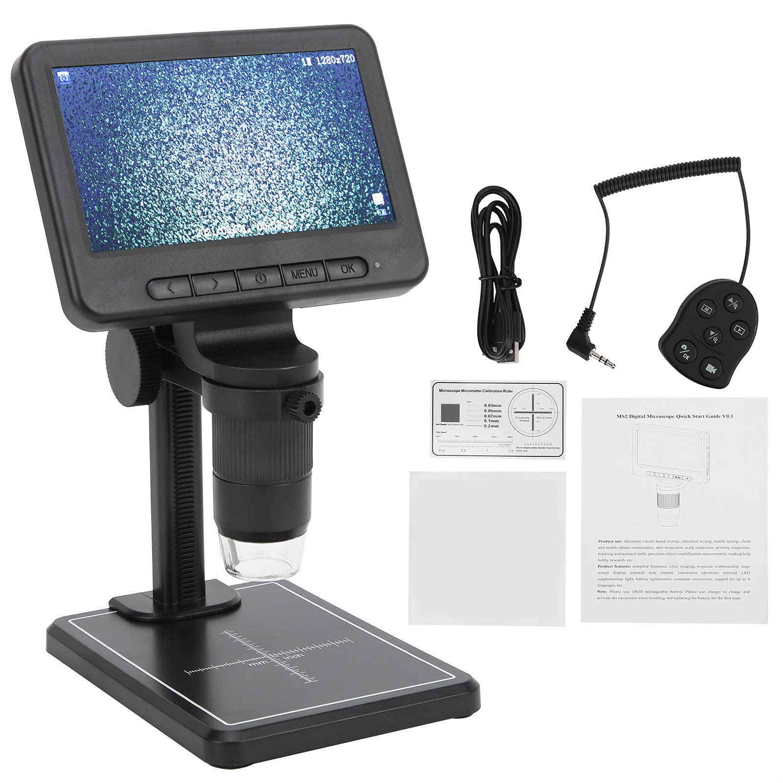 Cocoarm Mikroskop Cyfrowy 1080P, Mikroskop Inspekcyjny ze Stopu Aluminium ABS z 5-calowym Ekranem HD, 8 Regulowanych Diod LED, Zoom 1000x, Złącze USB do Naprawy Płytek PCB Badania Dydaktyczne