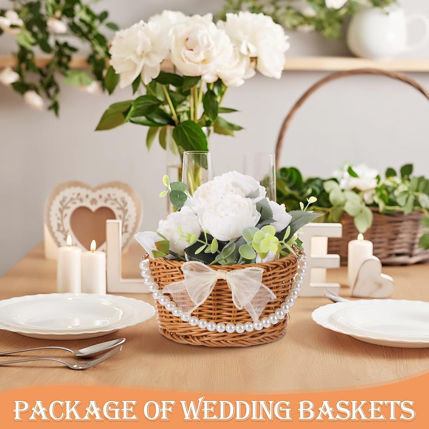 Chunful 6 Sets Small Wicker Rattan Flower Girl Basket 3.3 X6.2 Inch Wicker Basket with Pearl Handle and Bow Woven Eggs Candy Baskets for Garden Storage Home Decor Wedding Engagement