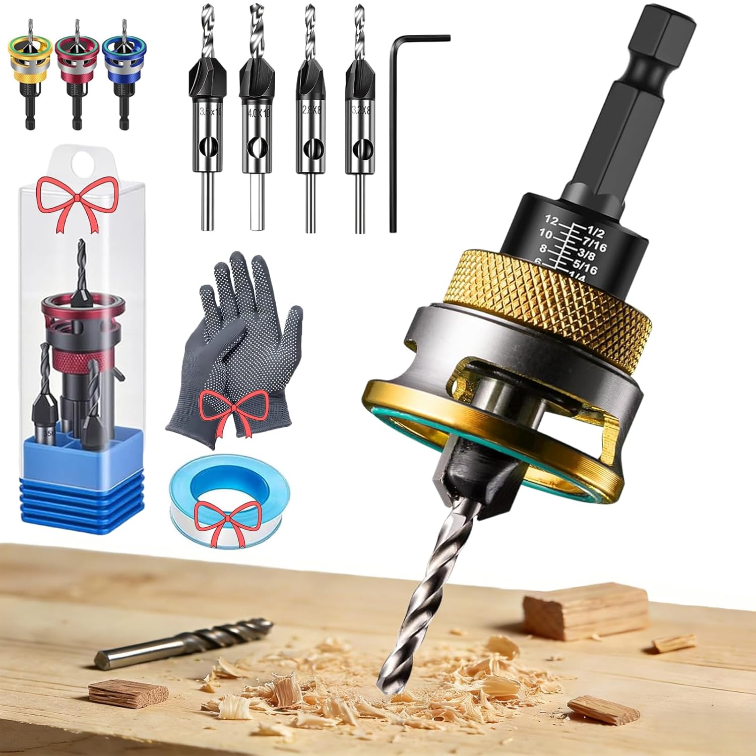 Two-Flute Counterbore with Adjustable Depth Stop, Countersink Drill Bit Set, 4PCS Four-Flute HSS M2 Tapered Drill Bits and Adjustable Depth Stop Collar with Controlled Depth for Clean (Gold)
