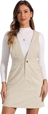 Allegra K Womens Corduroy Overall V Neck Strap Mini Pinafore Dress