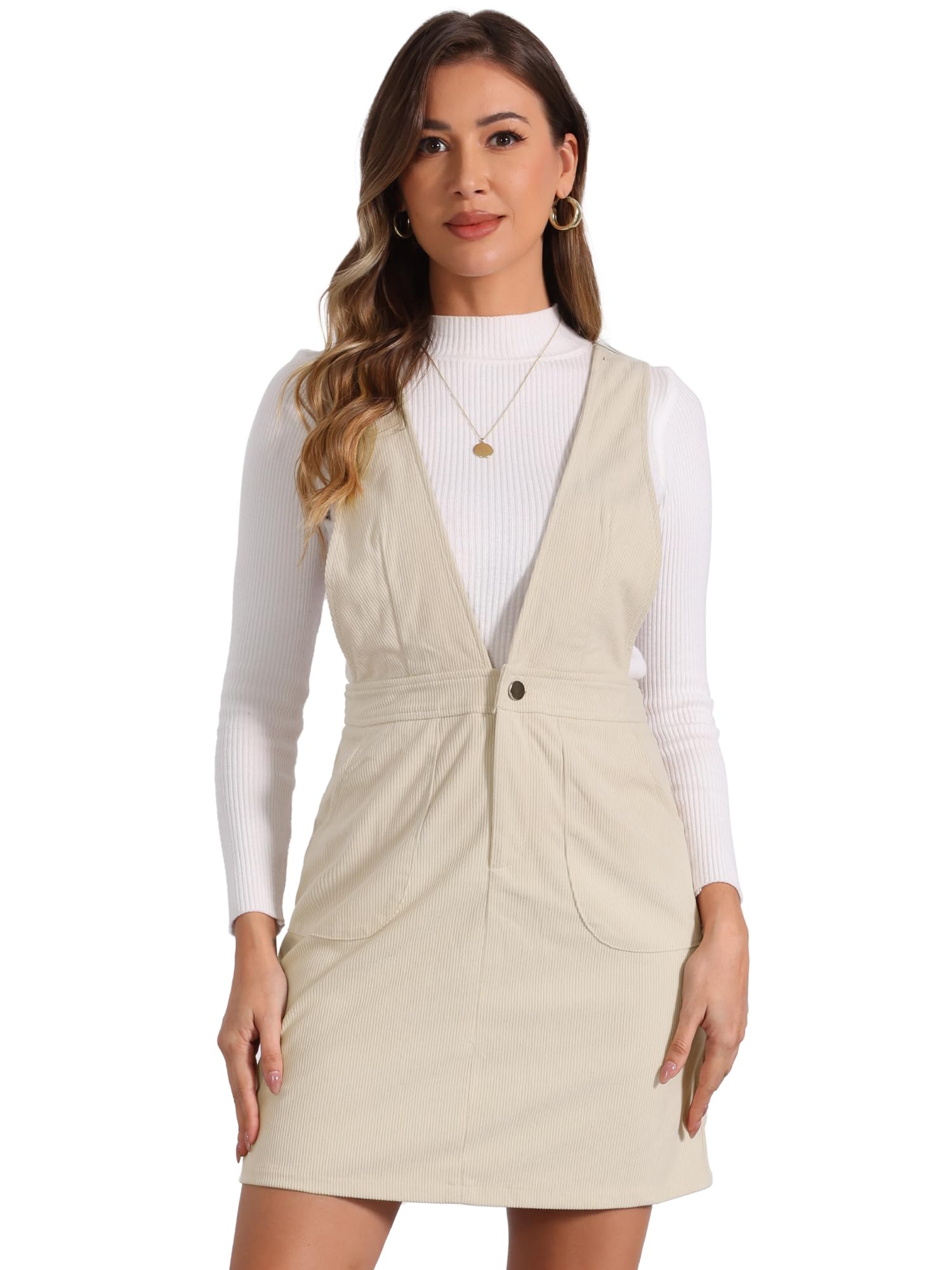 Allegra K Women's Corduroy Overall V Neck Strap Mini Pinafore Dress