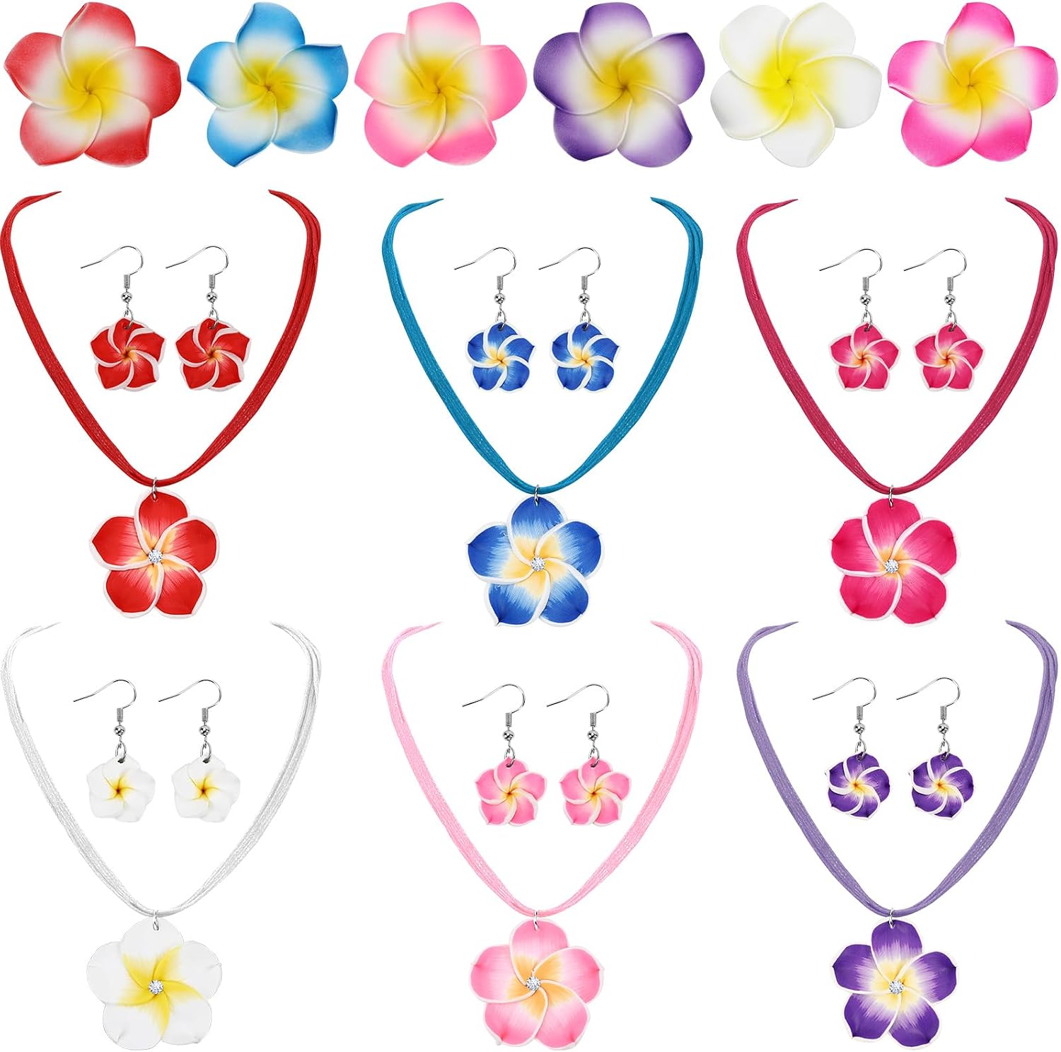 JANYUN 6 Sets Hawaiian Plumeria Hair Clips Necklaces Earrings