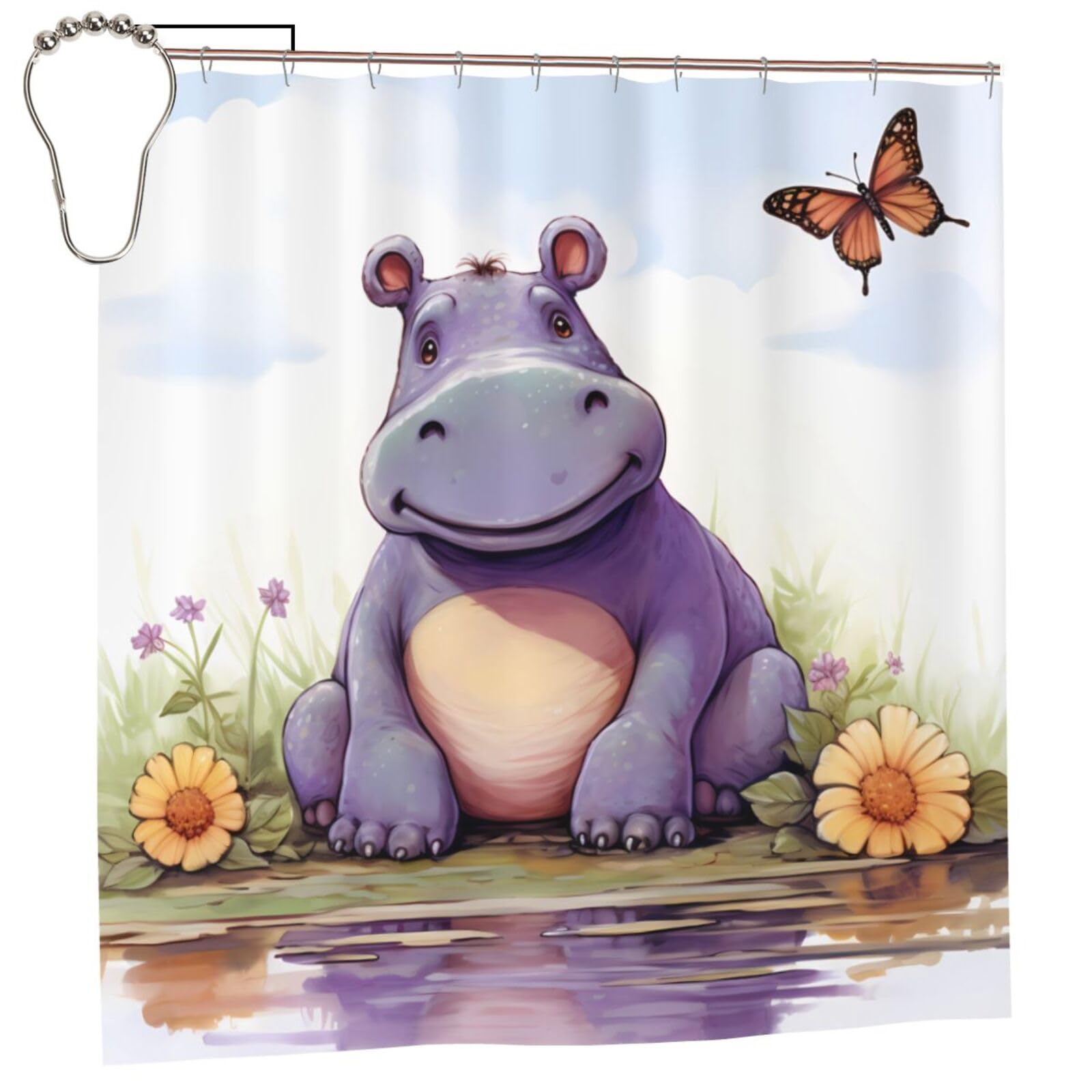 FodPand Butterfly and Hippo Shower Curtain 70"x70" Waterproof Long Bathroom Curtain Heavy Duty Thick Cloth Bath Curtain Set with Hooks, Modern Abstract Art Pattern Bathroom Shower Curtains