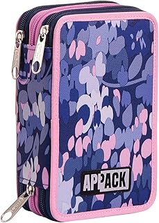 Appack Astuccio 3 Scomparti, ENJOYCY, Blu, Completo di contenuto scolastico: penne, matite, pastelli, pennarelli, Taglia unica