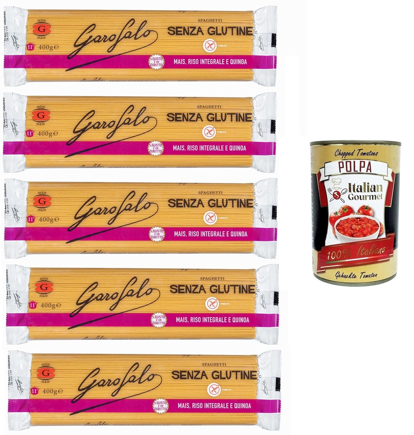 Italian Gourmet Bundle Spaghetti Sans Gluten 5 x 400 g, Pâtes Sans Gluten au Maïs, Riz Complet et Quinoa, Idéales pour Régime Sans Gluten, Texture Ferme, Cuisson 11 Minutes + Italian Gourmet Polpa
