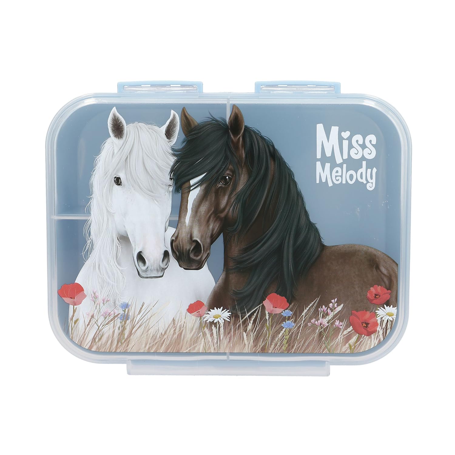 Depesche Miss Melody Dusty Rose 13398 Lunch Box in Light Blue with Horse Motif and Poppies, Lunch Box with 3 Compartments and Transparent Lid