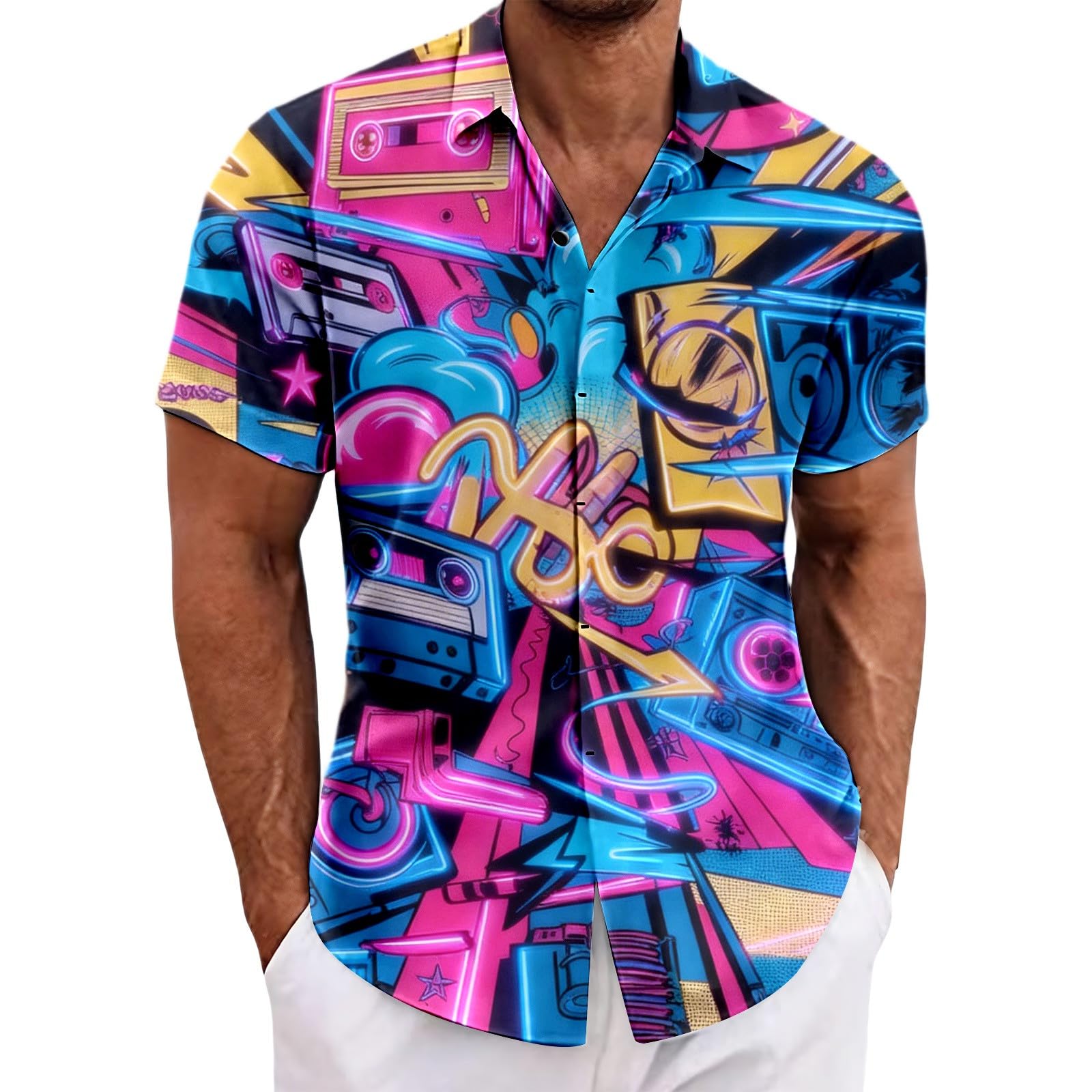 RUMAOZIA Men's Hawaiian Shirt 80s 90s Style Short Sleeve Carnival Fancy Dress Outfit 80s Shirts 90s Button Up Shirt Retro Hawaiian Beach Shirt Neon Disco Funny Party Shirts Colourful Vintage Shirts โ image 1