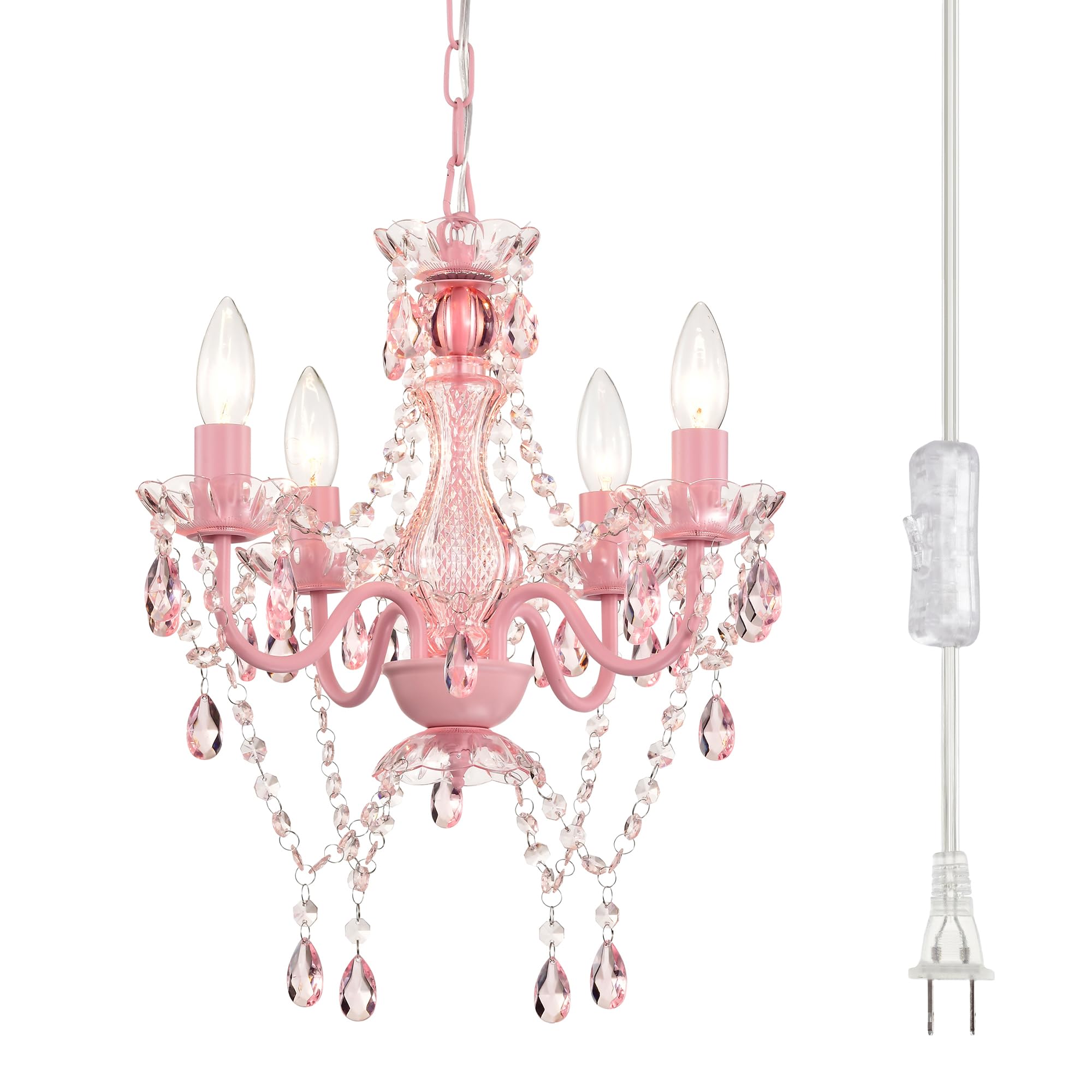 Plug in Chandeliers, 4-Light Pink Small Acrylic Crystal Hanging Ceiling Lamp with 20ft Cord, No Hardwire, Pink Chandeliers for Girls' Bedroom, Princess Nursery, Kitchen, Corners or Bathroom