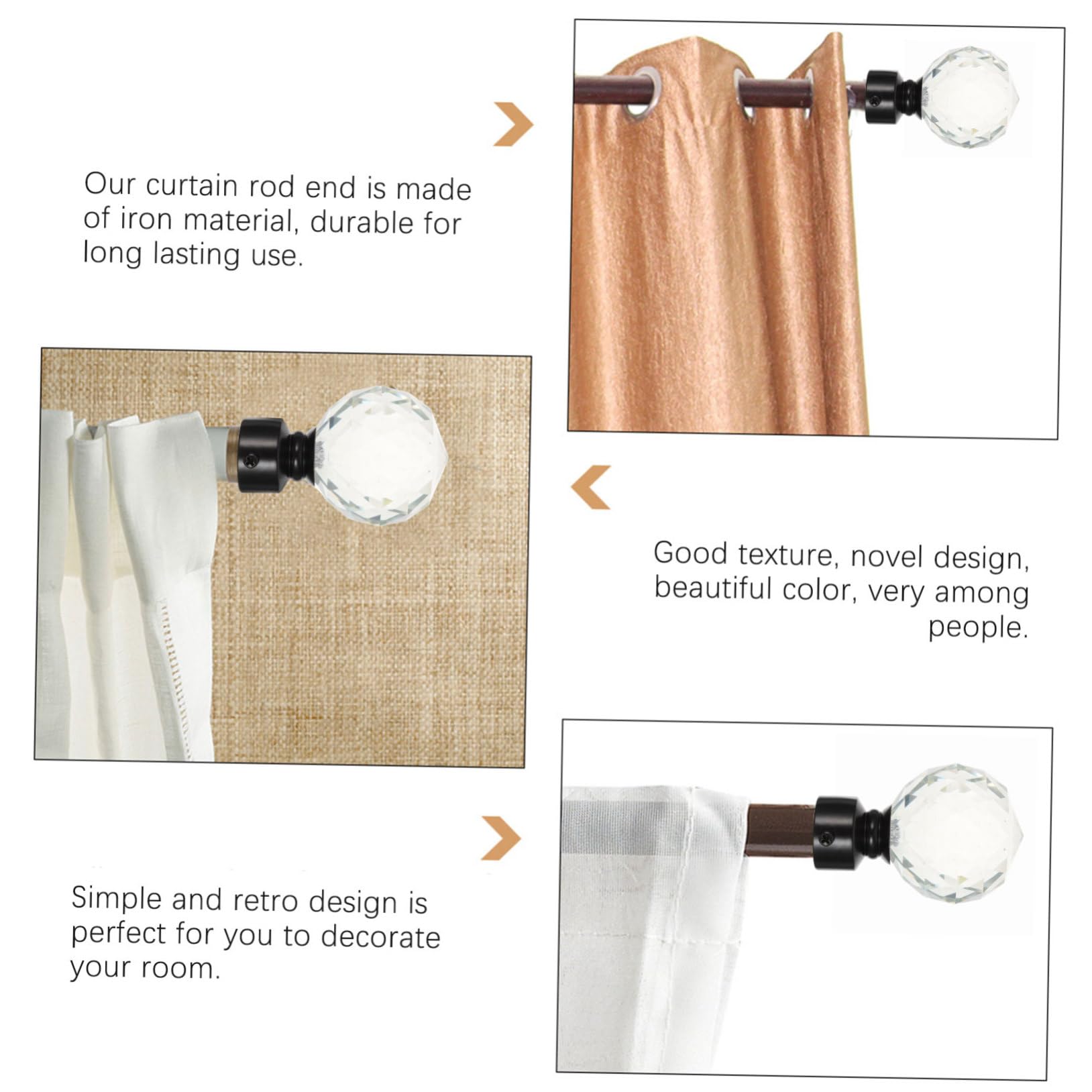 Veemoon Embouts de Tringle à Rideaux en Cristal, Lot de 2, Fer Noir | Style Simple Rétro, pour Maison et Chambre, Accessoires de Finition pour Tige de Rideau