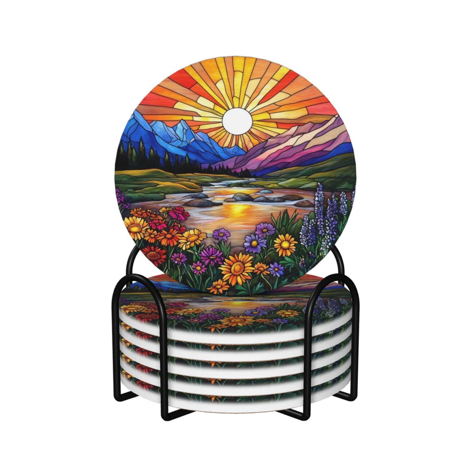 Stained Glass Sunrise Mountains Wildflower Ceramic Coasters with Holder 6ps