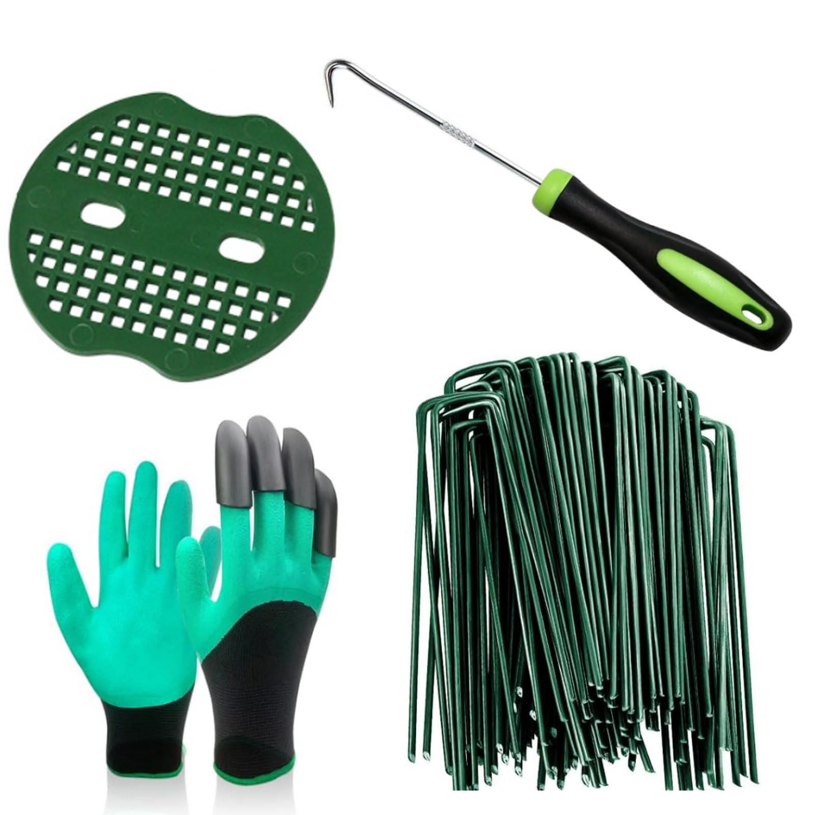 50 estacas de césped artificial verde + 50 arandelas amortiguadoras con 1 gancho para púa, 1 par de guantes de jardín para tela de barrera de malezas, cubierta del suelo, valla de sujeción y césped