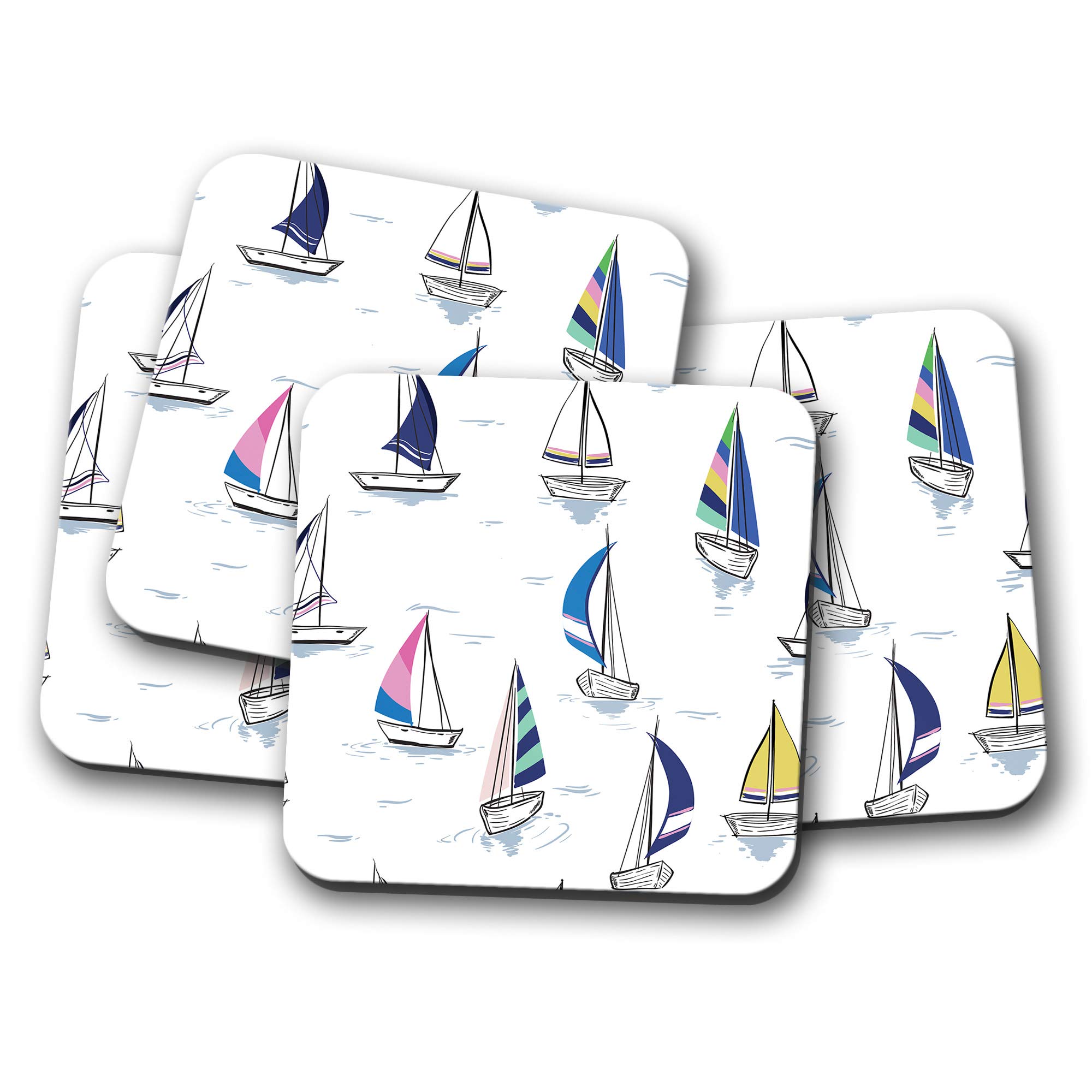 Destination Vinyl Ltd Multicolor 4 Set - Sailing Boats Coaster - Ships Yachts Sea Ocean Sails Sailor #12321