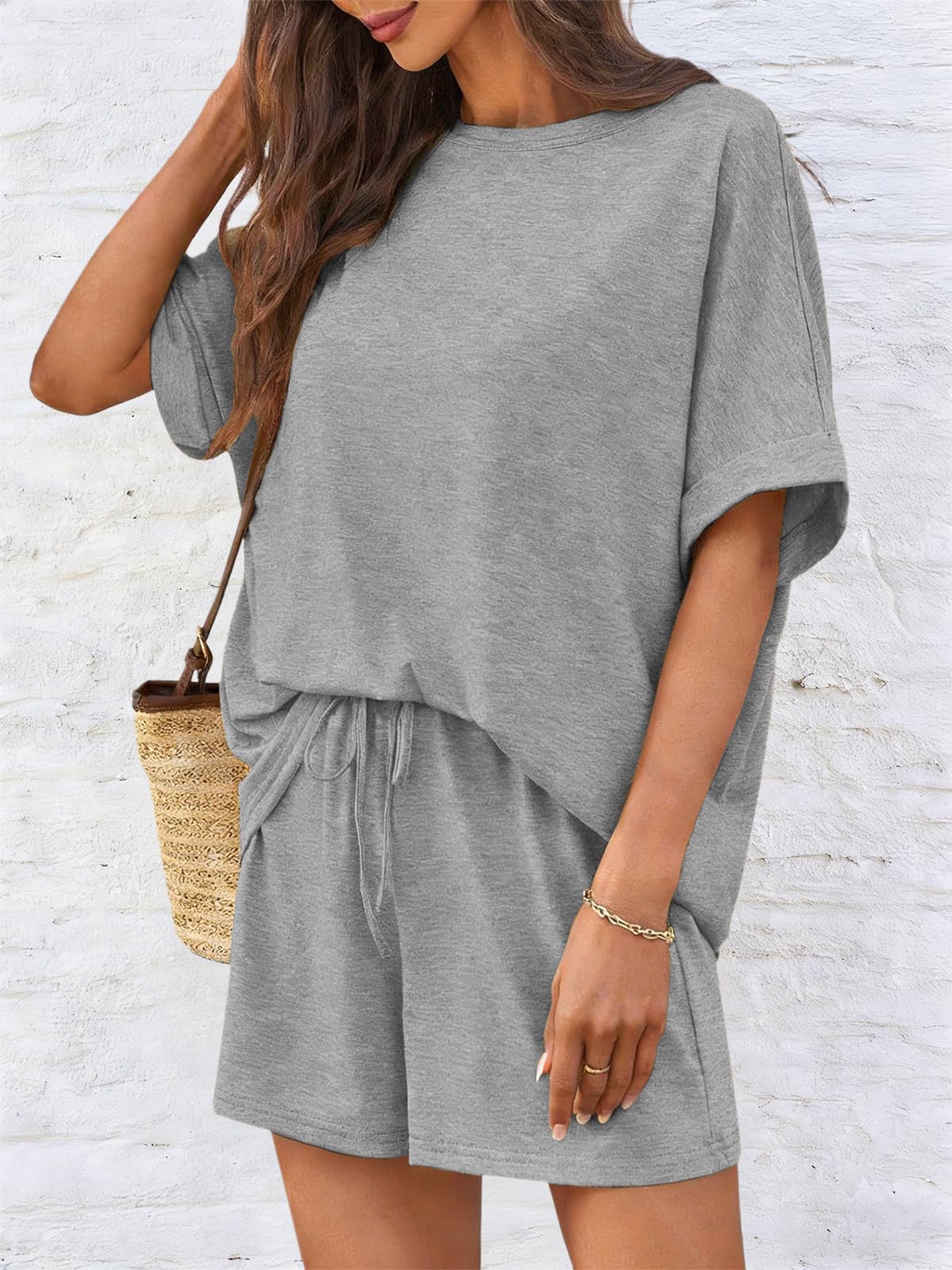 NLAND Mujer Conjunto Chándal 2 Piezas De Pantalones Verano Cortos Con Casual De Camiseta Bolsillos Y Cuello Redondo Top，Gris，L - 5