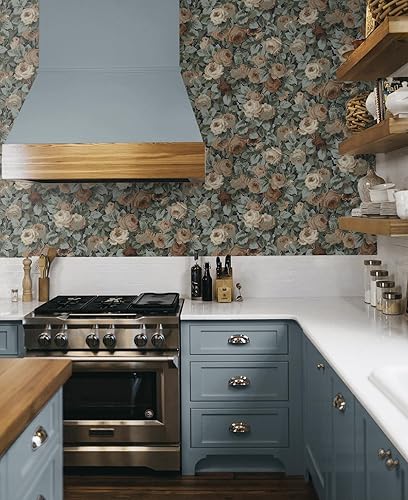 Miniatura 2 de NextWall Rose Garden - Papel tapiz floral para despegar y pegar (azul medianoche y café)