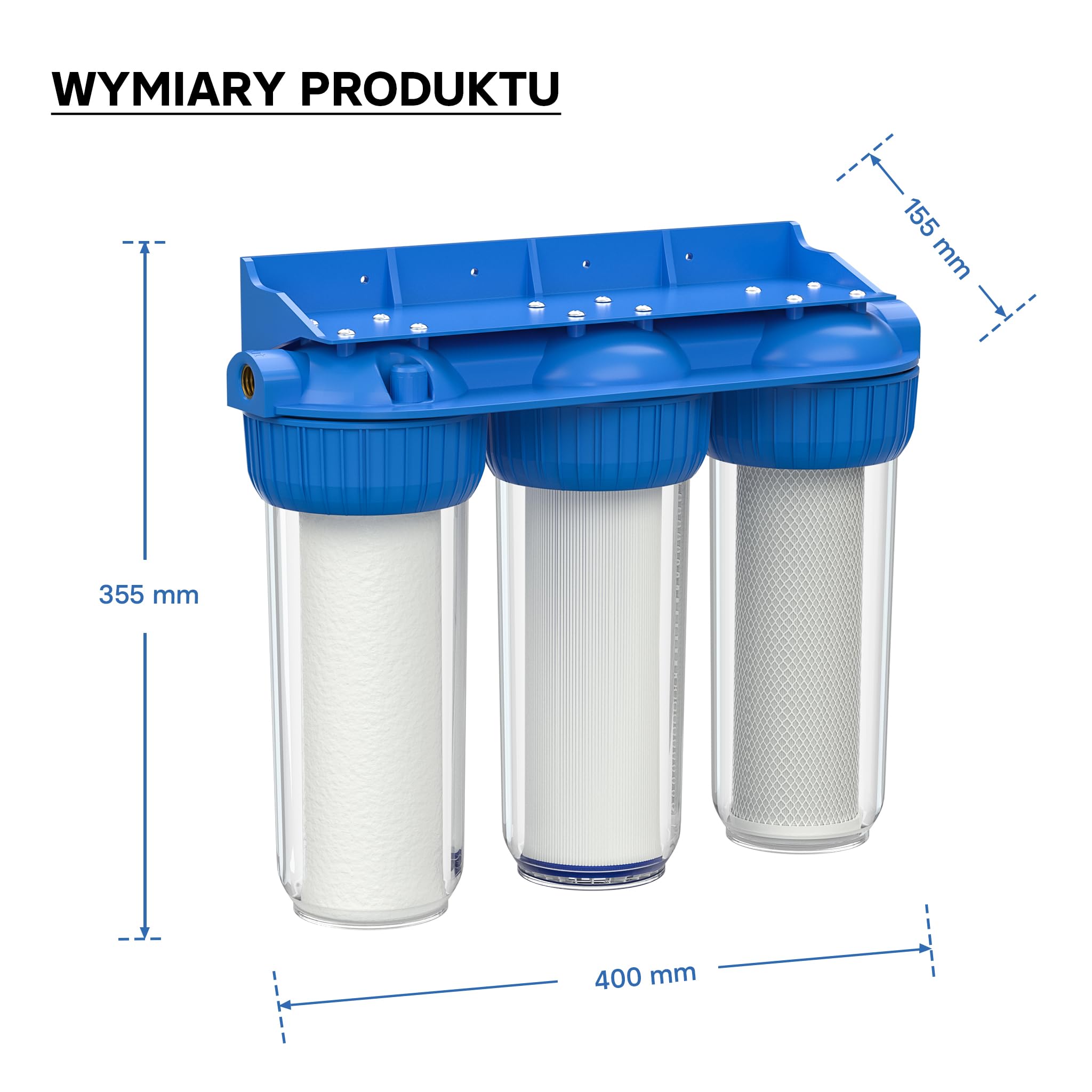 Naturewater NW-BR10B4 3-stopniowy filtr do wody, 5 µ, 26,16 mm (3/4"), wkład PP Ø60 mm, uchwyt ścienny filtra, klucz do filtra, filtr osadów blok węgla aktywnego granulat węgla aktywnego