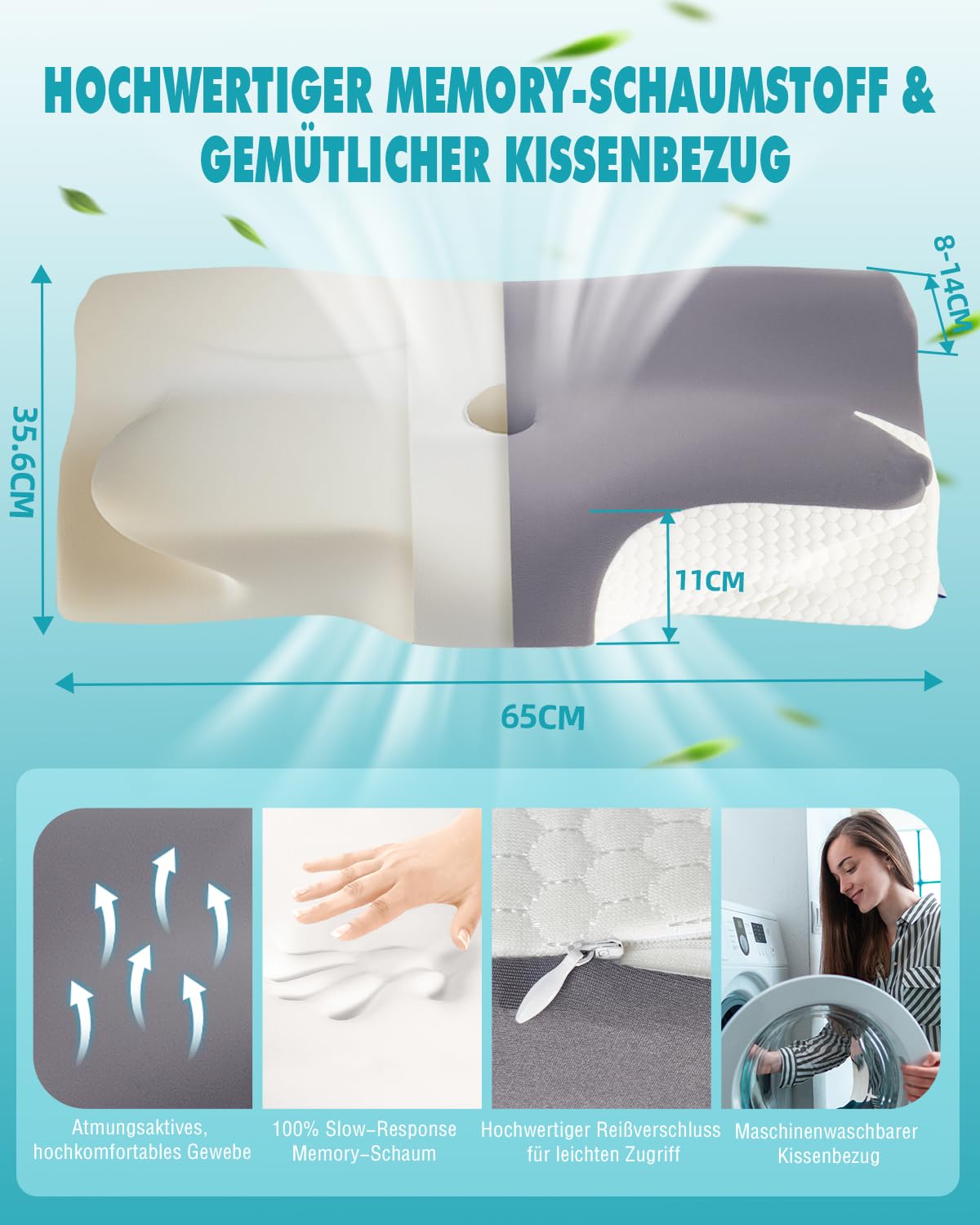 Nackenkissen Kopfkissen Nackenschmerzen, Ergonomisches Memory Foam Nackenstützkissen, Orthopädische Kissen Gegen Nackenschmerzen, Schlafkissen für Seitenschläfer Rücken & Bauchschläfer 65x40x11/14cm