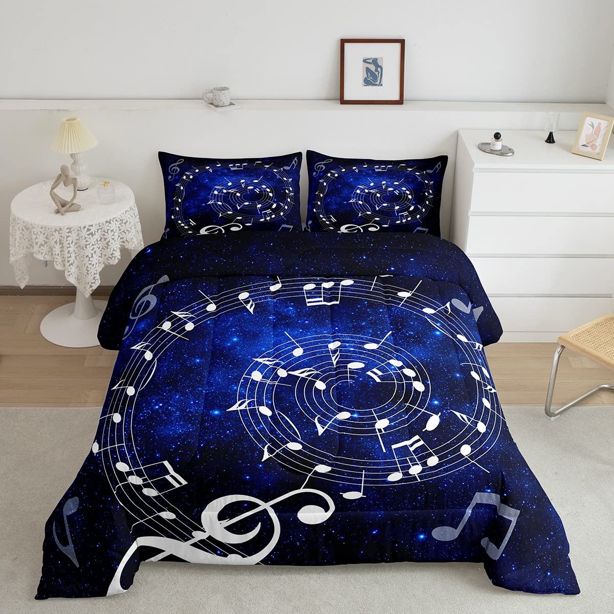 Music Note Swirl Full Size Comforter Set Blue Starry Sky Bedding Set for Kids Adults Teens Music Stave Comforter Luxury Guitar Piano Quilt Set Room Decor 3Pcs