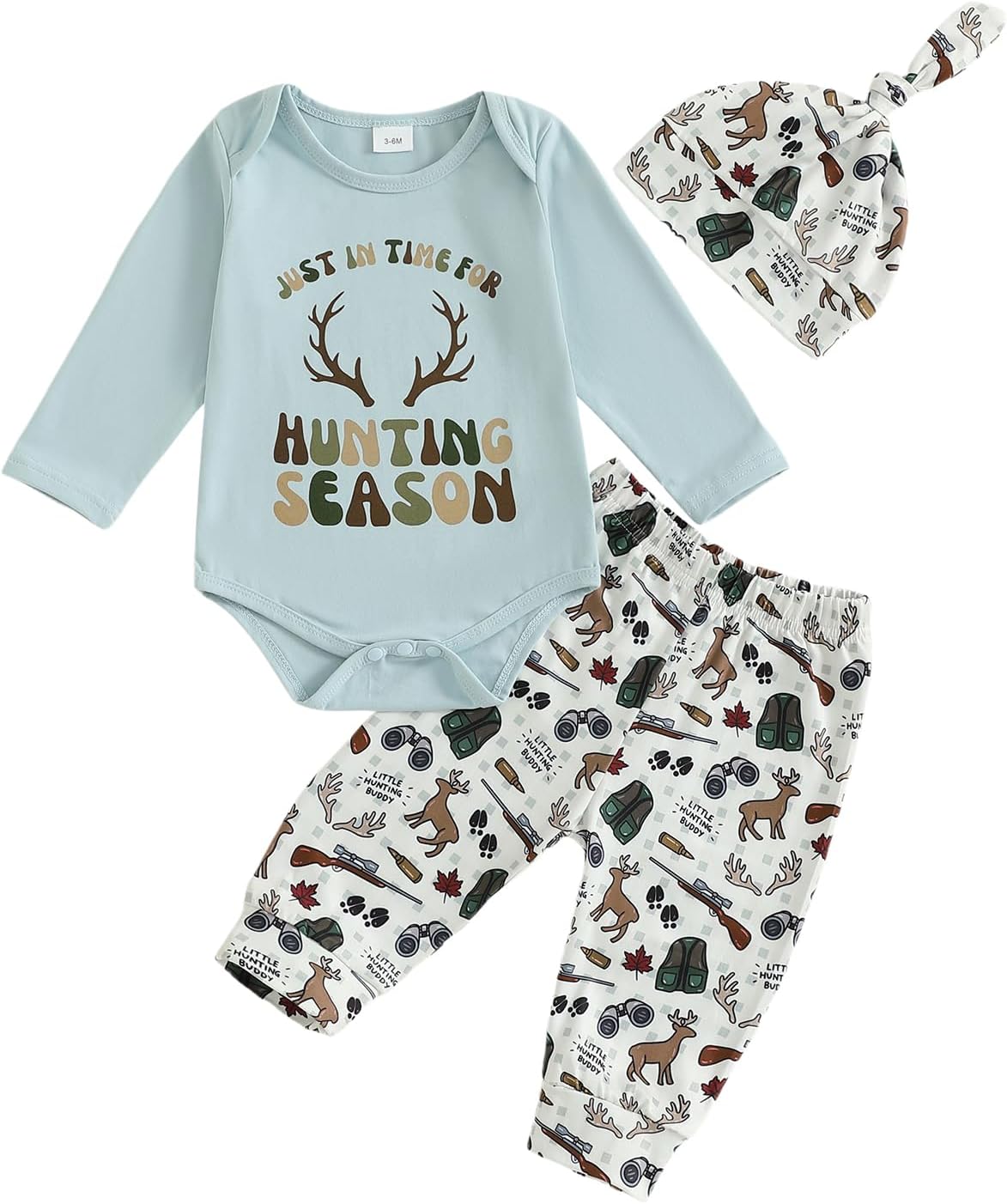 Seyurigaoka Newborn Baby Boy Hunting Outfit Deer Mallard Duck Romper Camo Pants Set Hat 3 Piece Fall Winter Farm Clothes