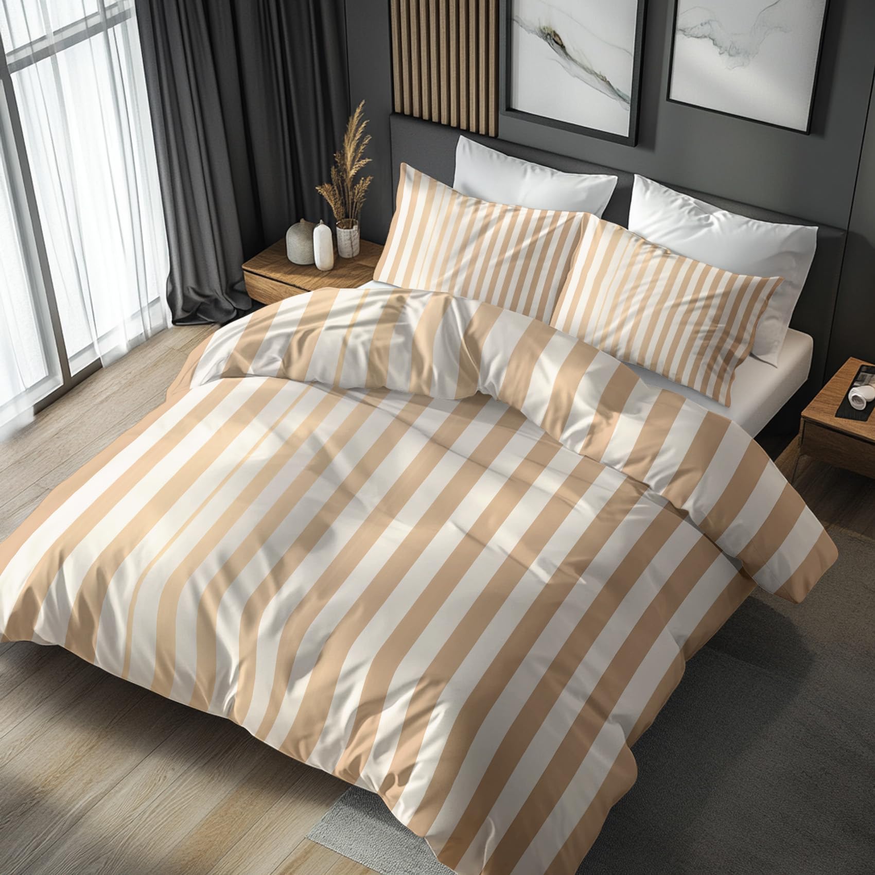 Générique Housse de Couette 220x240 Rayée Beige, Parure de Lit 2 Personnes Reversible Rayures Champêtre, Decoration Chambre, 2 Taies d'oreiller 65x65, Microfibre Doux, Zippée -k578