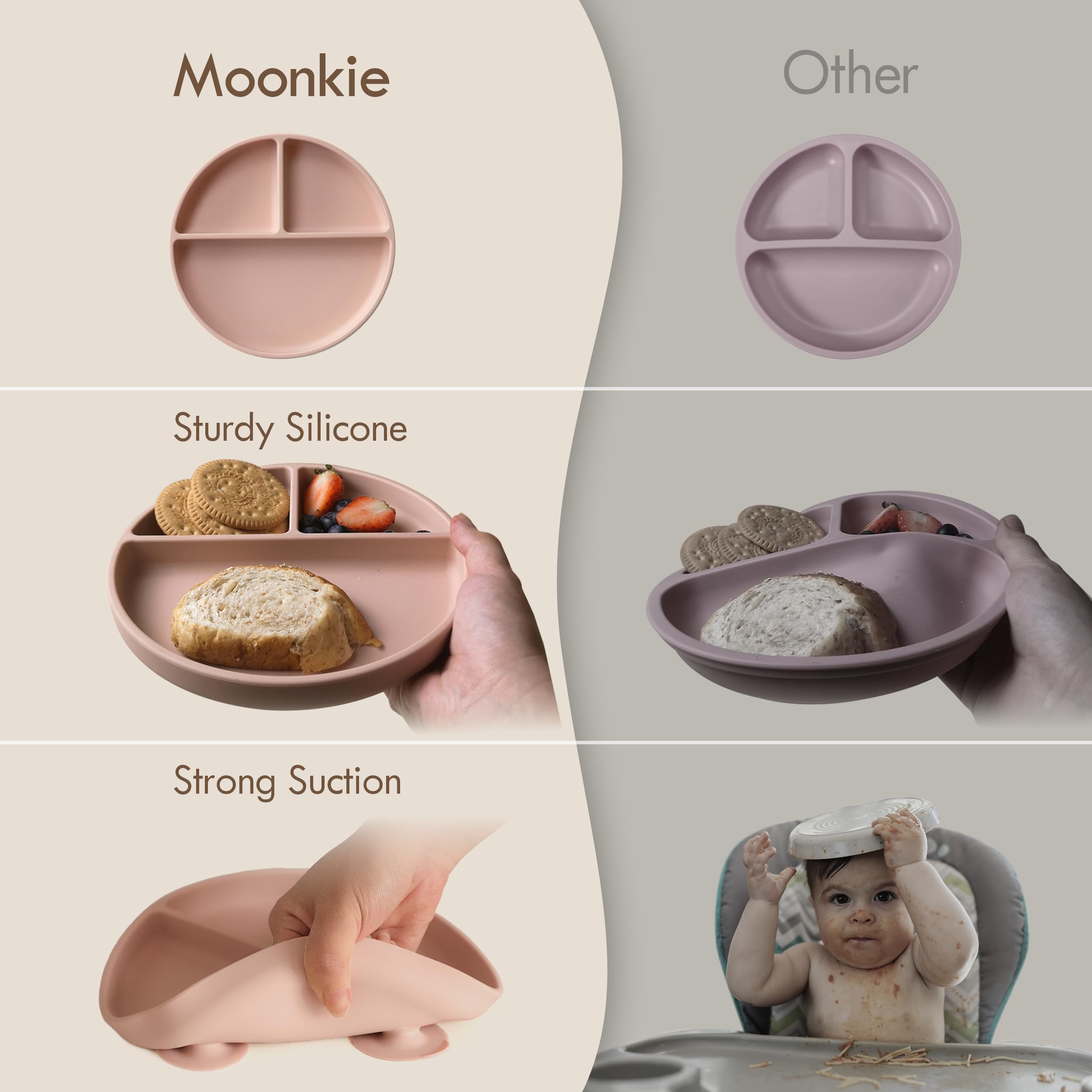 Moonkie 2pc Silikon Kinderteller mit Deckel, Baby teller mit Saugnapf, BPA-freie Rutschfest Geteilte Geschirr Set mit Gabeln und Löffel, Mikrowellen und Spülmaschinenfest(Mint/Hellblau)