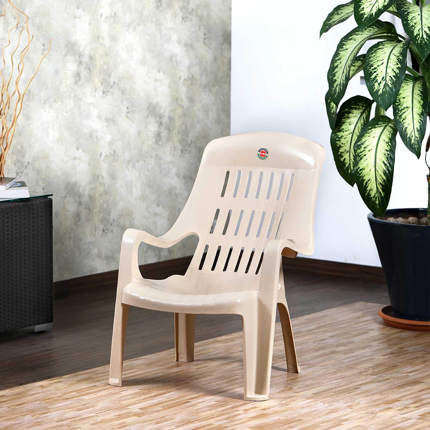 Comfort Sit Chair (Beige) Plastic | Strong and Durable | Easy to Clean | Chair for Living Room, Bed Room, Kitchen, Office Room, Outdoor | 3 Years Warranty