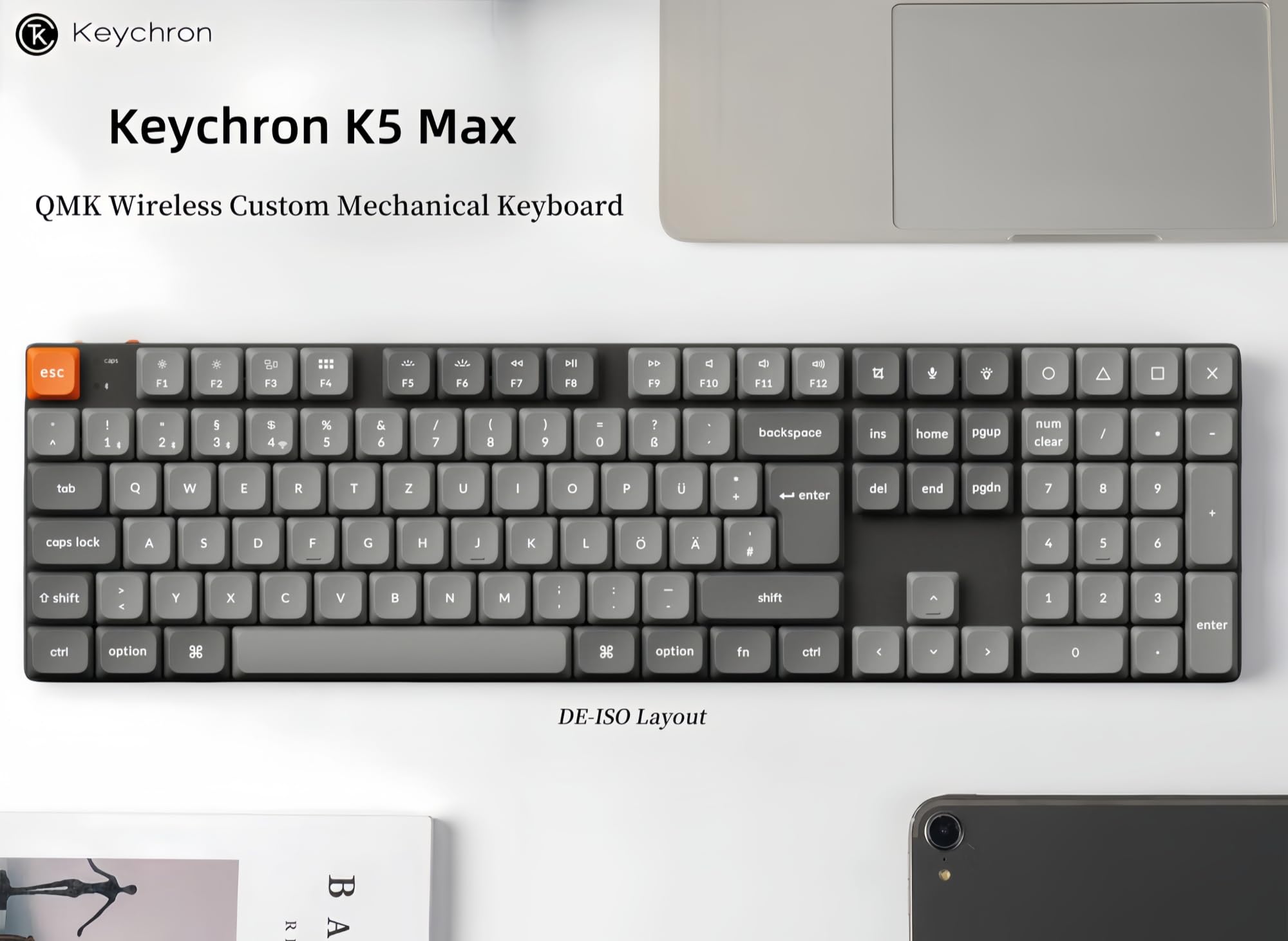 Keychron K5 Max Ultra-Slim Kabellos Mechanische Tastatur,109 Tasten DE-ISO Layout QMK/VIA Programmierbar Bluetooth 5.1/2.4GHz/Wired RGB Backlit Hot-swap Low Profile Brauner Switch