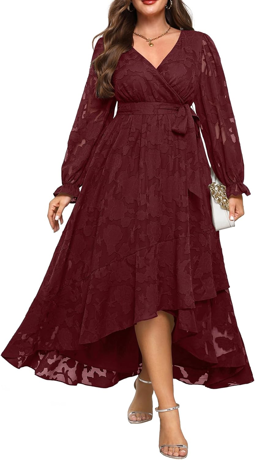Plus Size Dresses Wedding Guest - Fall Semi Formal Floral Long Sleeve Wrap V Neck High Low Maxi Dress with Belt Women