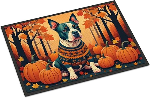 Caroline's Treasures DAC1007MAT Pit Bull Terrier Fall Doormat 18x27 Front Door Mat Indoor Outdoor Rugs for Entryway, Non Slip Washable Low Pile, 18H