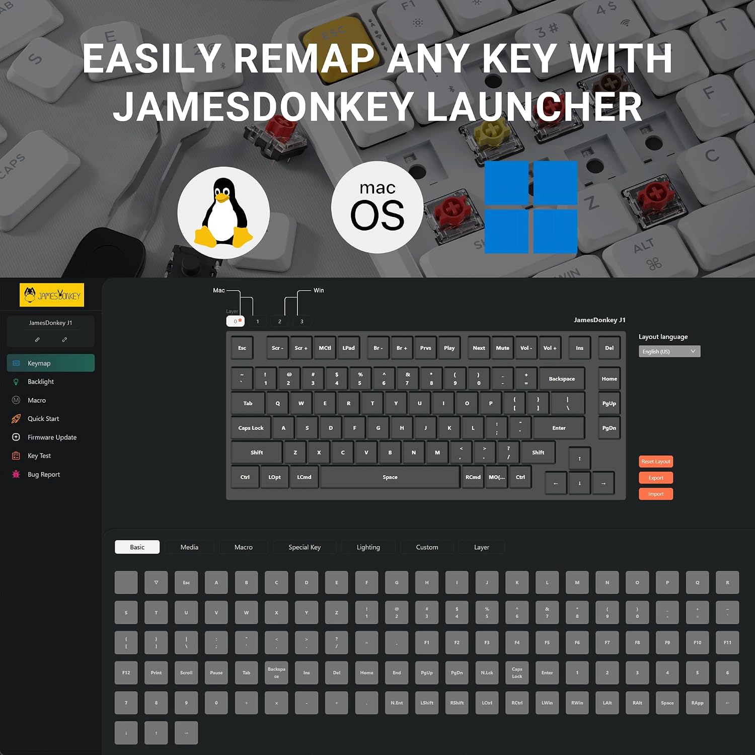 JamesDonkey J1 Low-Profile Wireless Mechanical Keyboard - QMK/VIA RGB Backlit, Hot-Swappable Red Switch, Wireless Triple Mode, Double-Shot PBT Keycaps, 75% Layout Mac/Win/Linux for Gaming - White
