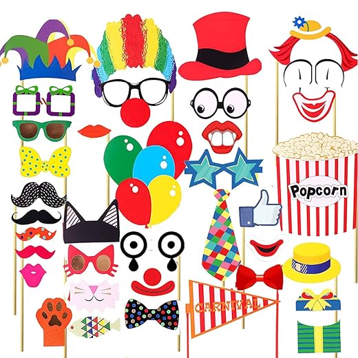PIPI 36pcs Circus Photo Booth Props with Sticker Funny Carnival Theme Party Decorations for Birthday Party