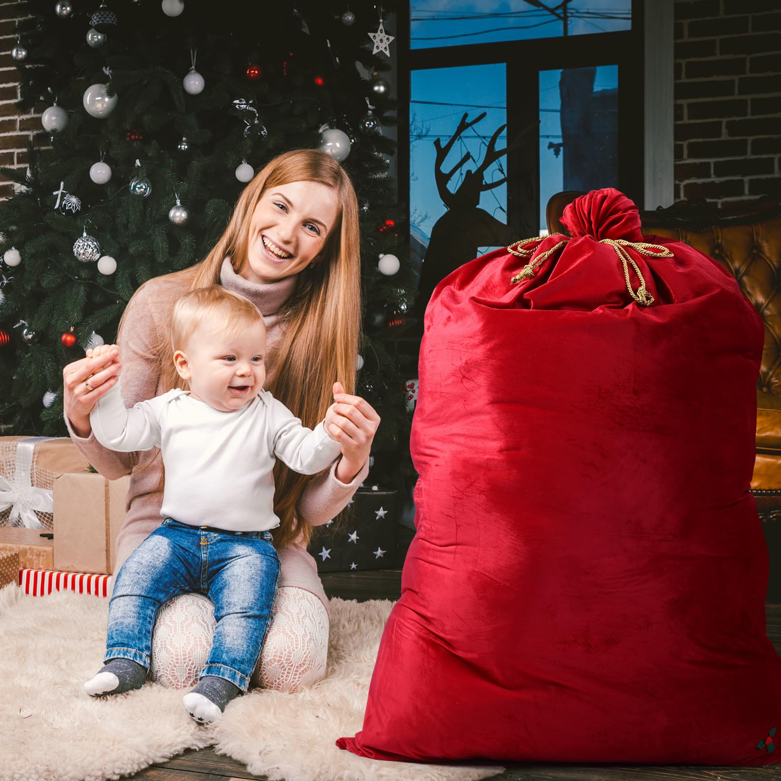 Eccliy Bolsa gigante de regalo de Navidad de Papá Noel de 56 x 36 pulgadas, bolsa de regalo de terciopelo rojo con cordón para suministros de fiesta de Navidad, envoltura de suministros de fiesta de