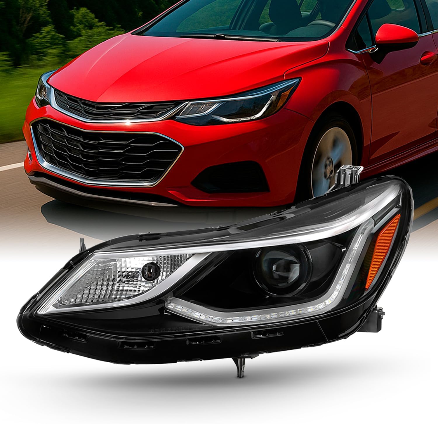 AKKON - Headlamps For 2016 2017 2018 2019 Chevy Cruze Model w/LED DRL Halogen Projector Headlights Left Driver Side
