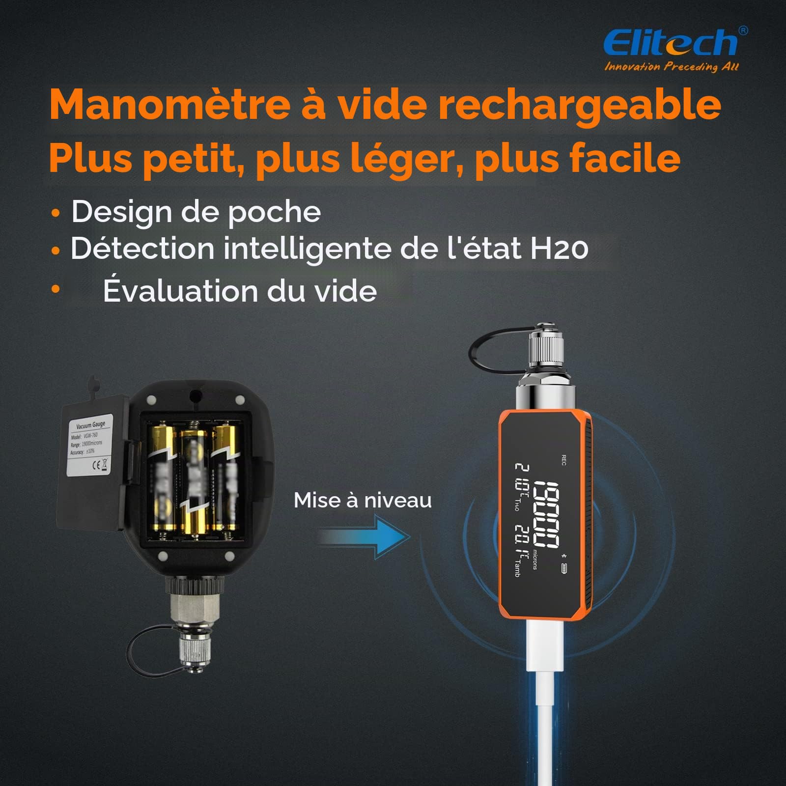 Elitech Vacuomètre Numérique Vacuum Gauge 1/4" SAE - Jauge à Vide Numérique de 1 à 19 000 Microns Appareil de Mesure de Vide pour Clim HVAC VGW-mini