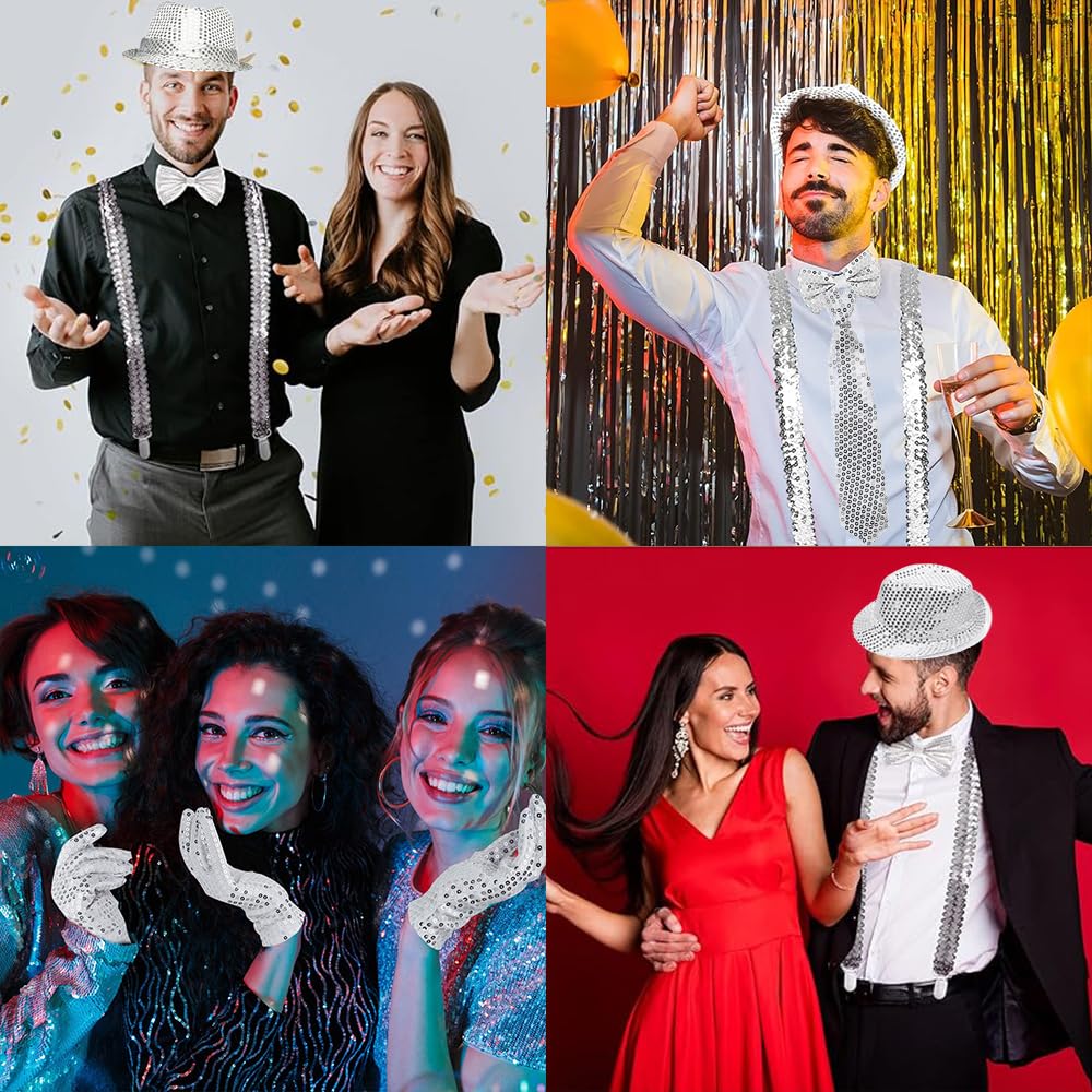 TUIBEIDAMAI Glitzer Outfit Herren,Glitzer Kostüm Accessoires Herre,mit Pailletten Hosenträger, Fliege, krawatte,Handschuhe,Pailletten Kostüm für Fasching Party Dance Performance