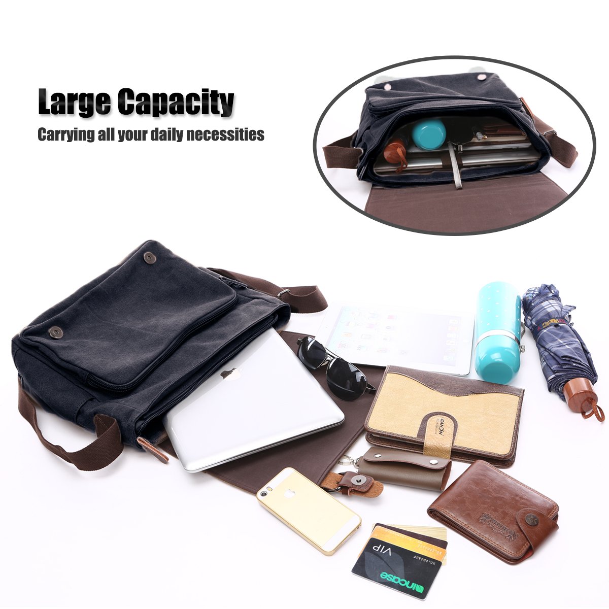 LOSMILE 15,6 inch laptopschoudertas voor heren, vintage canvas tas voor school en werk, grote maat., Zwart, L, Messenger Tas