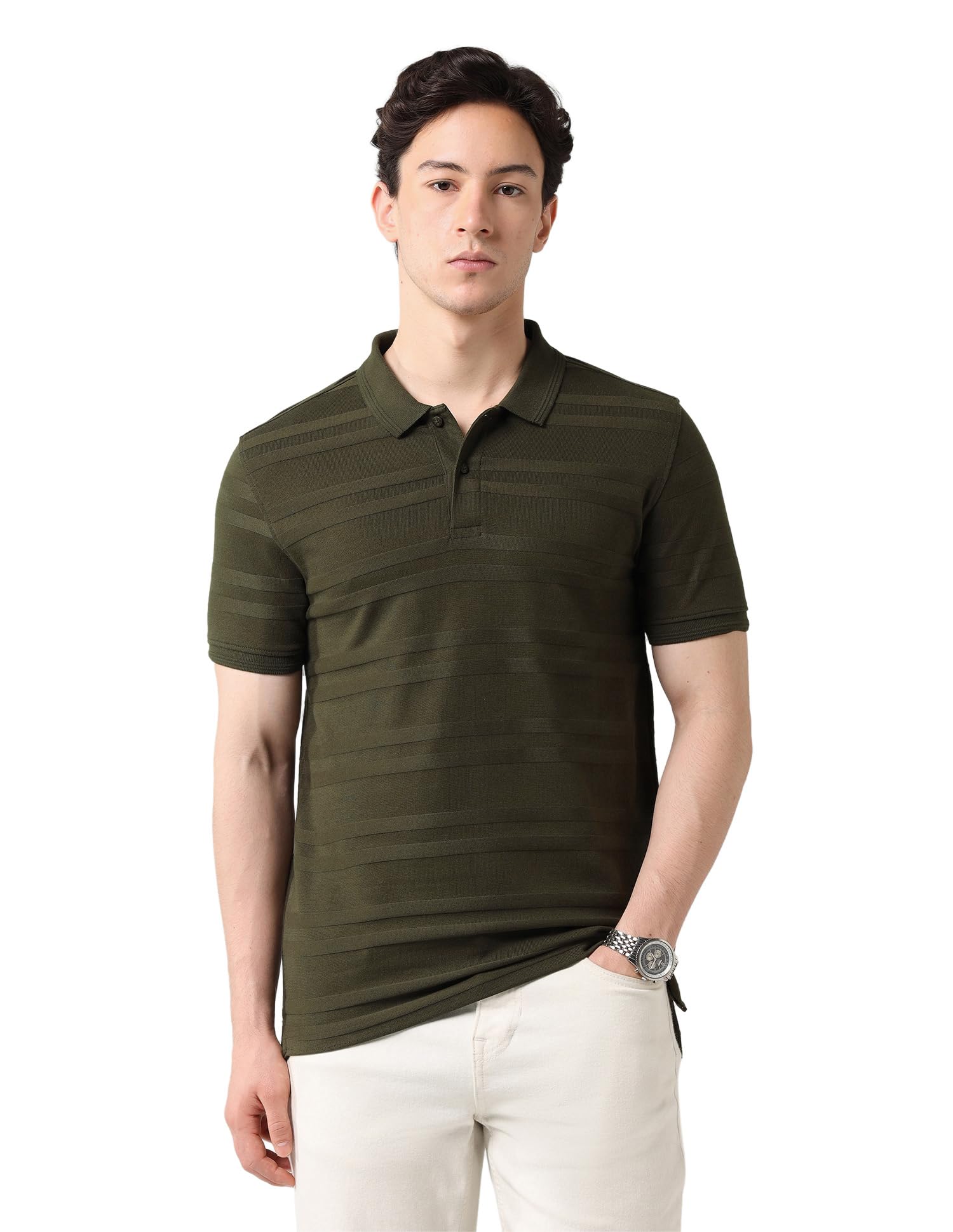 arvind Horizontal Striped Regular Fit Polo Shirt Olive-picture-15